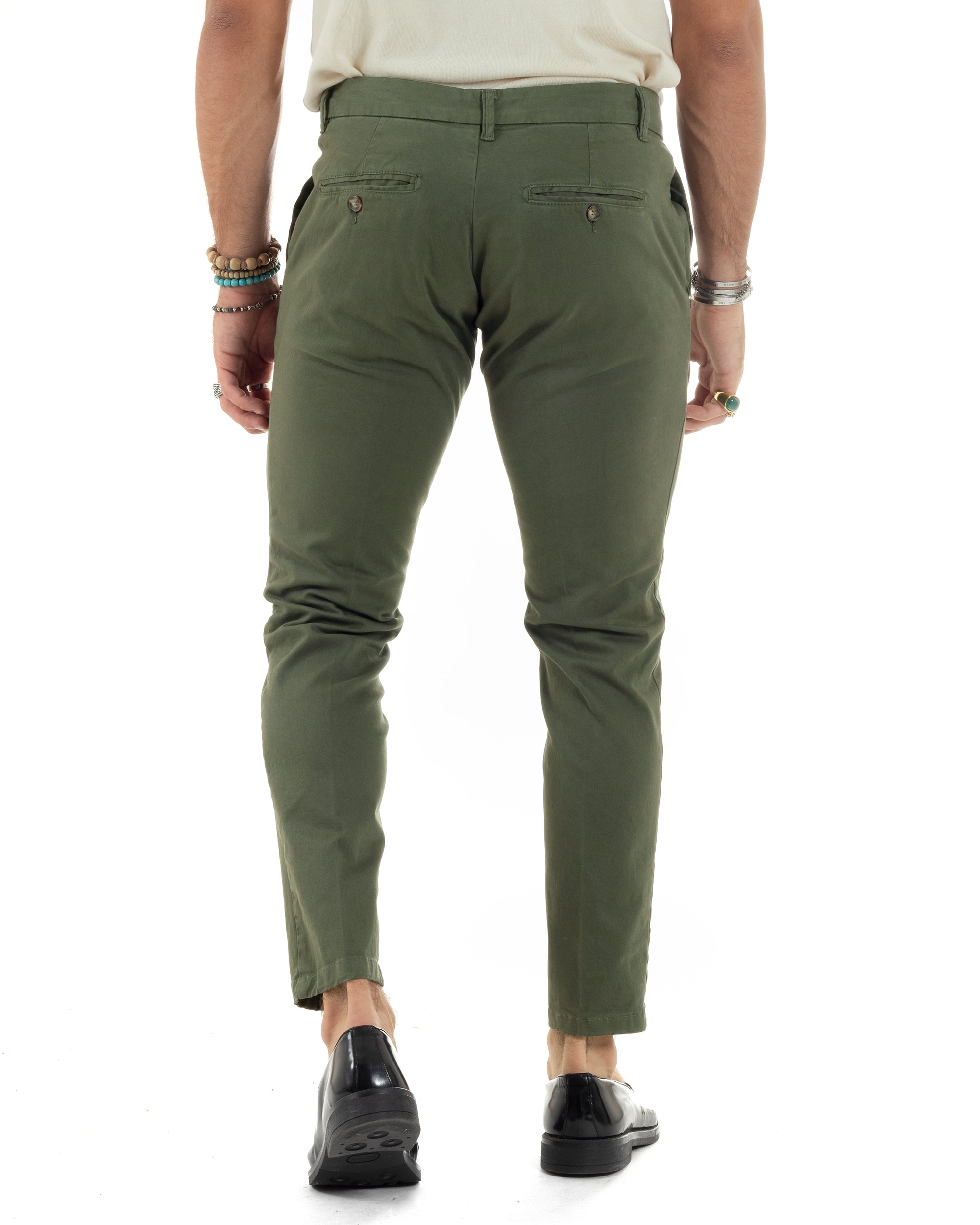 Pantaloni Uomo Chino Abbottonatura Allungata Tasca America Capri Cotone Estivo Sartoriale Slim Tinta Unita Verde GIOSAL-P6232A