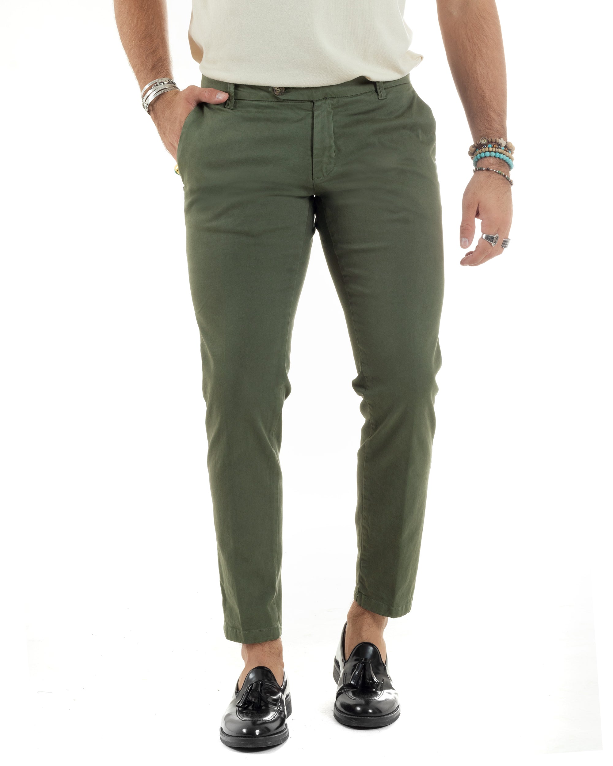 Pantaloni Uomo Chino Abbottonatura Allungata Tasca America Capri Cotone Estivo Sartoriale Slim Tinta Unita Verde GIOSAL-P6232A