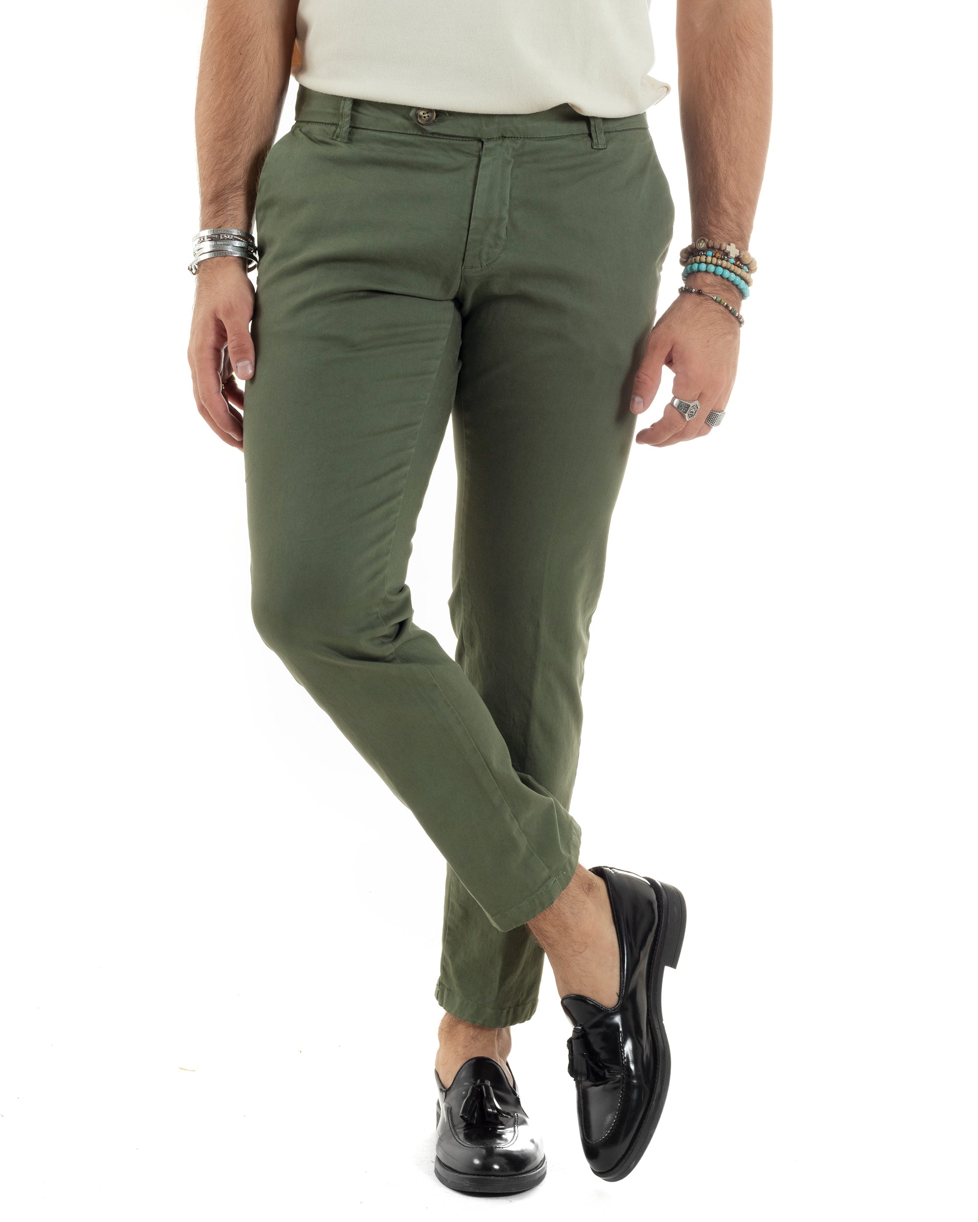 Pantaloni Uomo Chino Abbottonatura Allungata Tasca America Capri Cotone Estivo Sartoriale Slim Tinta Unita Verde GIOSAL-P6232A