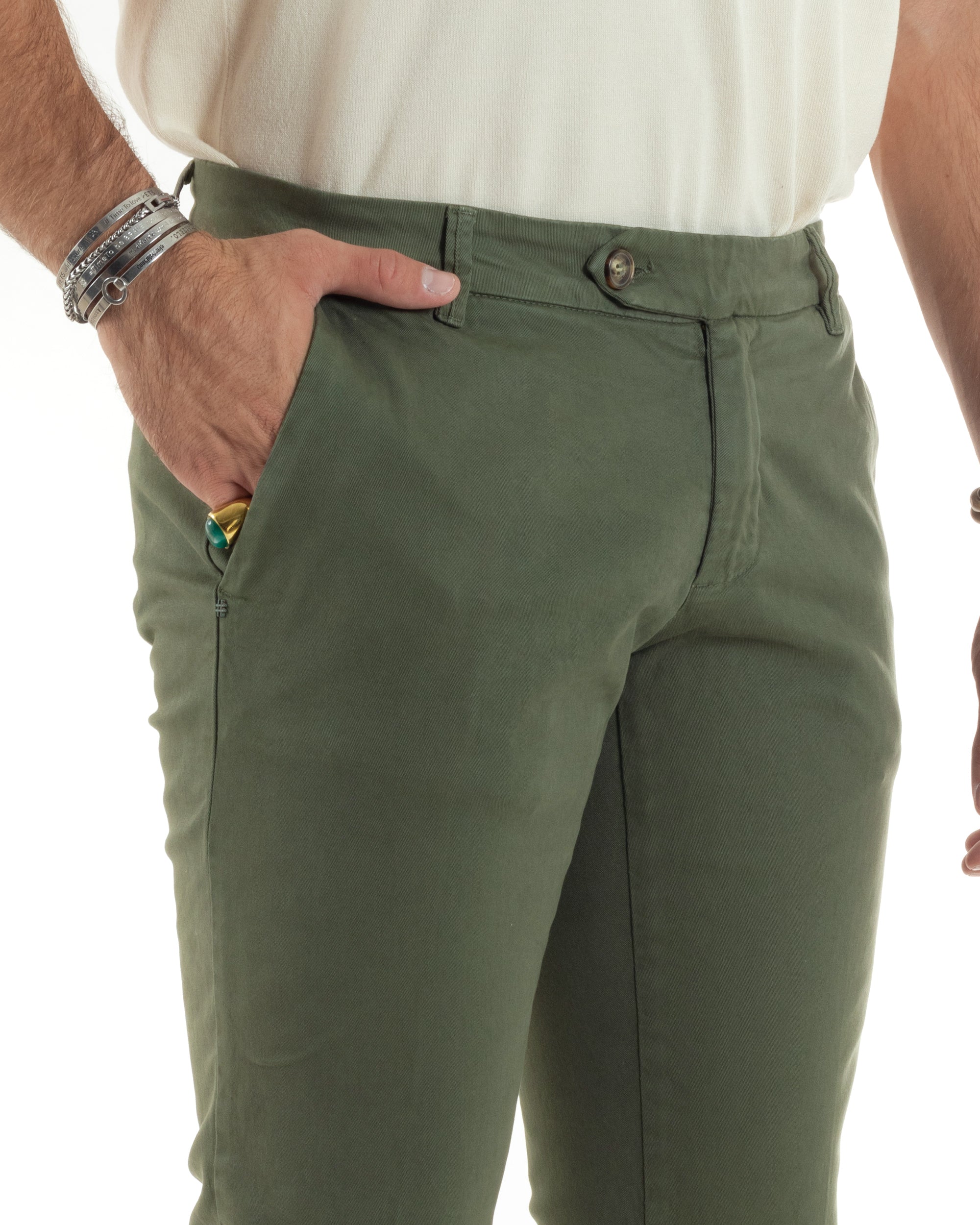 Pantaloni Uomo Chino Abbottonatura Allungata Tasca America Capri Cotone Estivo Sartoriale Slim Tinta Unita Verde GIOSAL-P6232A