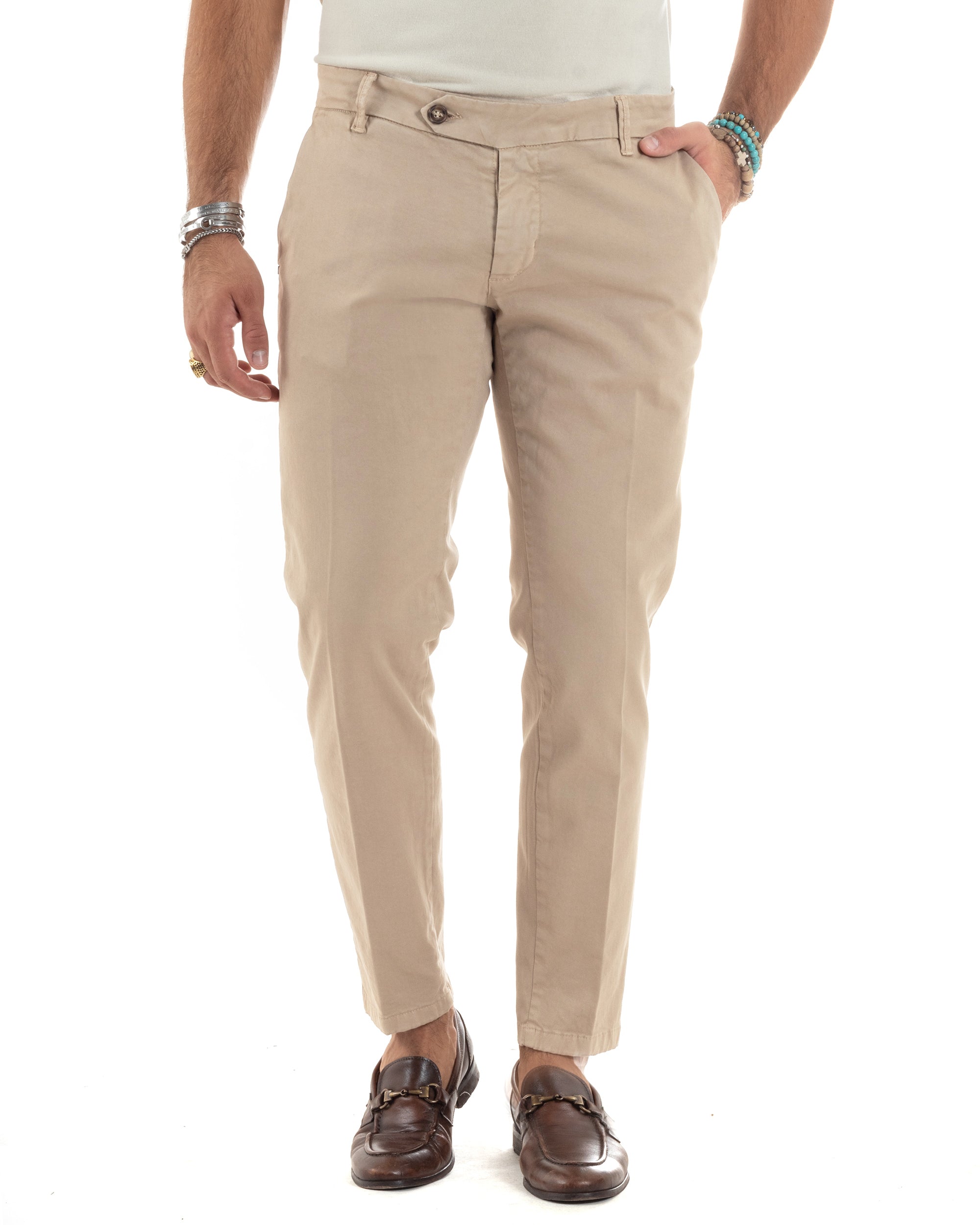 Pantaloni Uomo Chino Abbottonatura Allungata Tasca America Capri Cotone Estivo Sartoriale Slim Tinta Unita Beige GIOSAL-P6233A