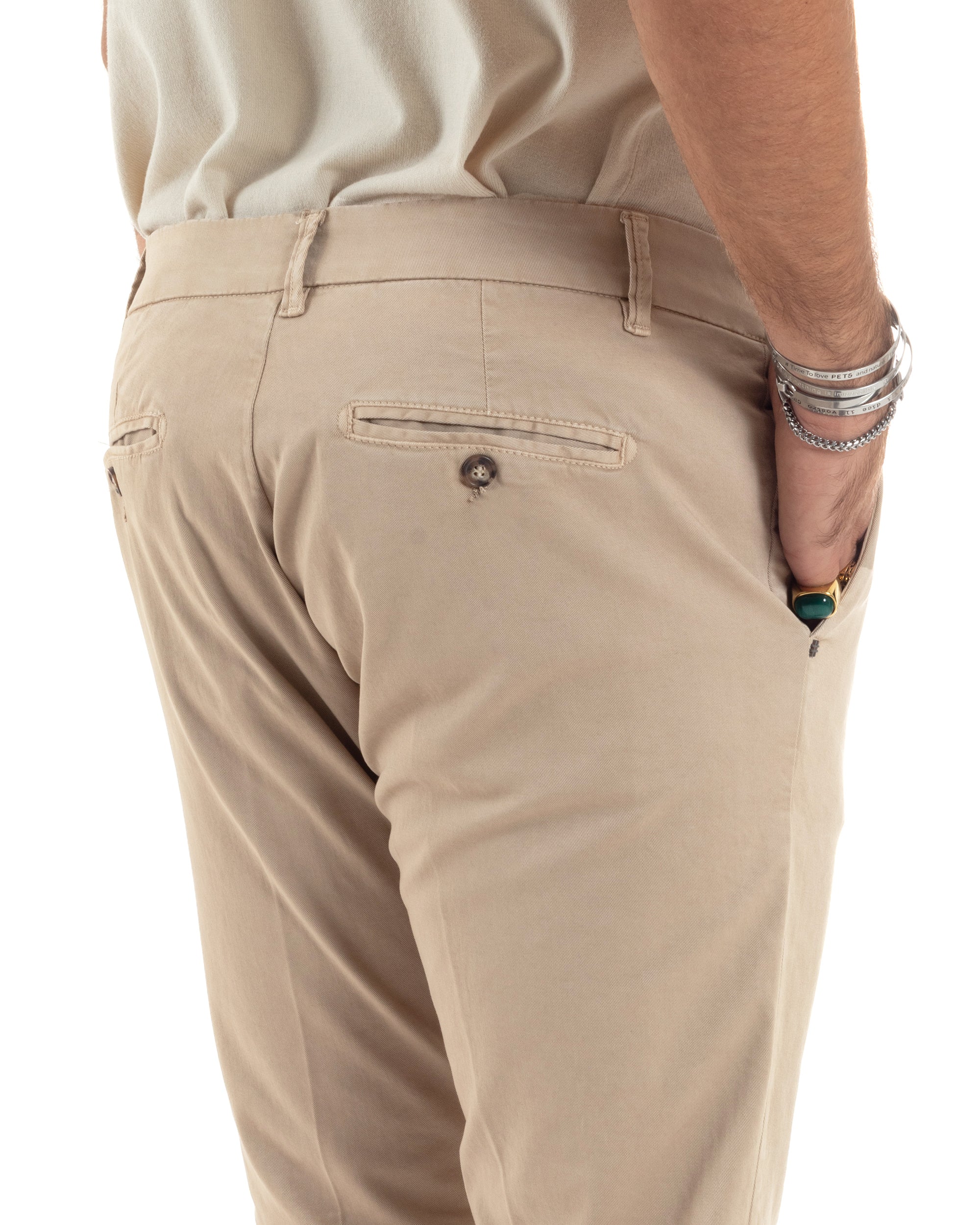 Pantaloni Uomo Chino Abbottonatura Allungata Tasca America Capri Cotone Estivo Sartoriale Slim Tinta Unita Beige GIOSAL-P6233A