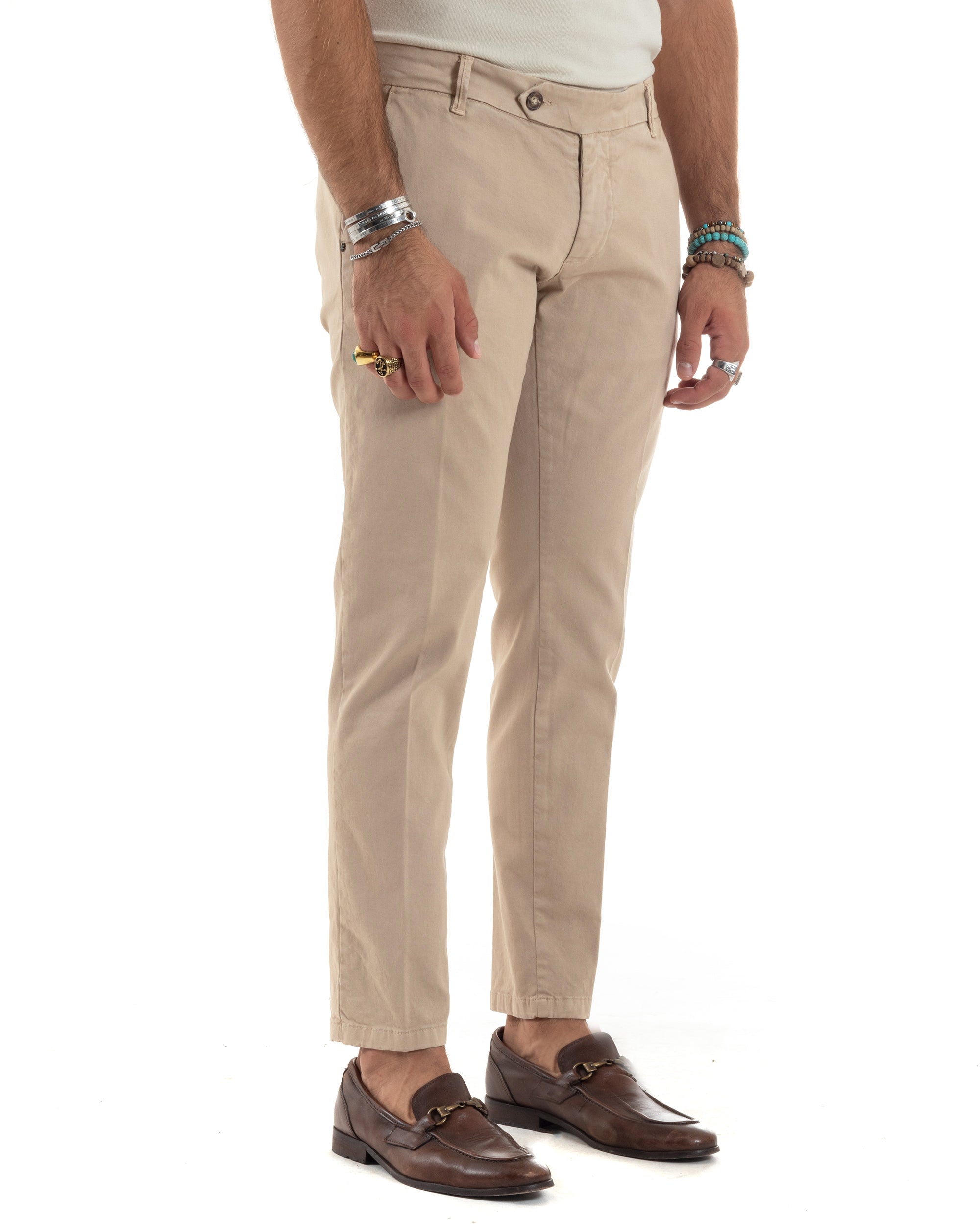 Pantaloni Uomo Chino Abbottonatura Allungata Tasca America Capri Cotone Estivo Sartoriale Slim Tinta Unita Beige GIOSAL-P6233A