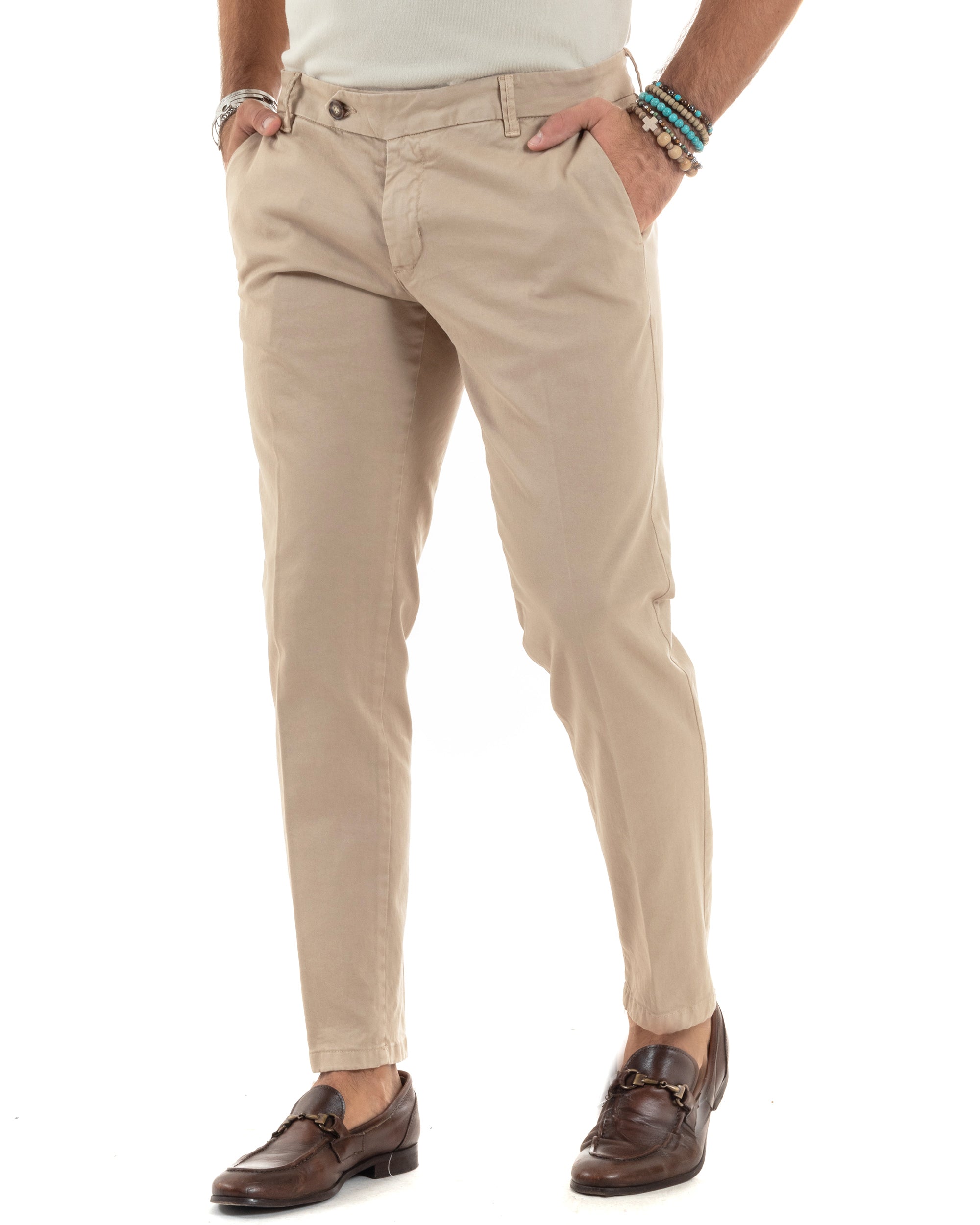 Pantaloni Uomo Chino Abbottonatura Allungata Tasca America Capri Cotone Estivo Sartoriale Slim Tinta Unita Beige GIOSAL-P6233A