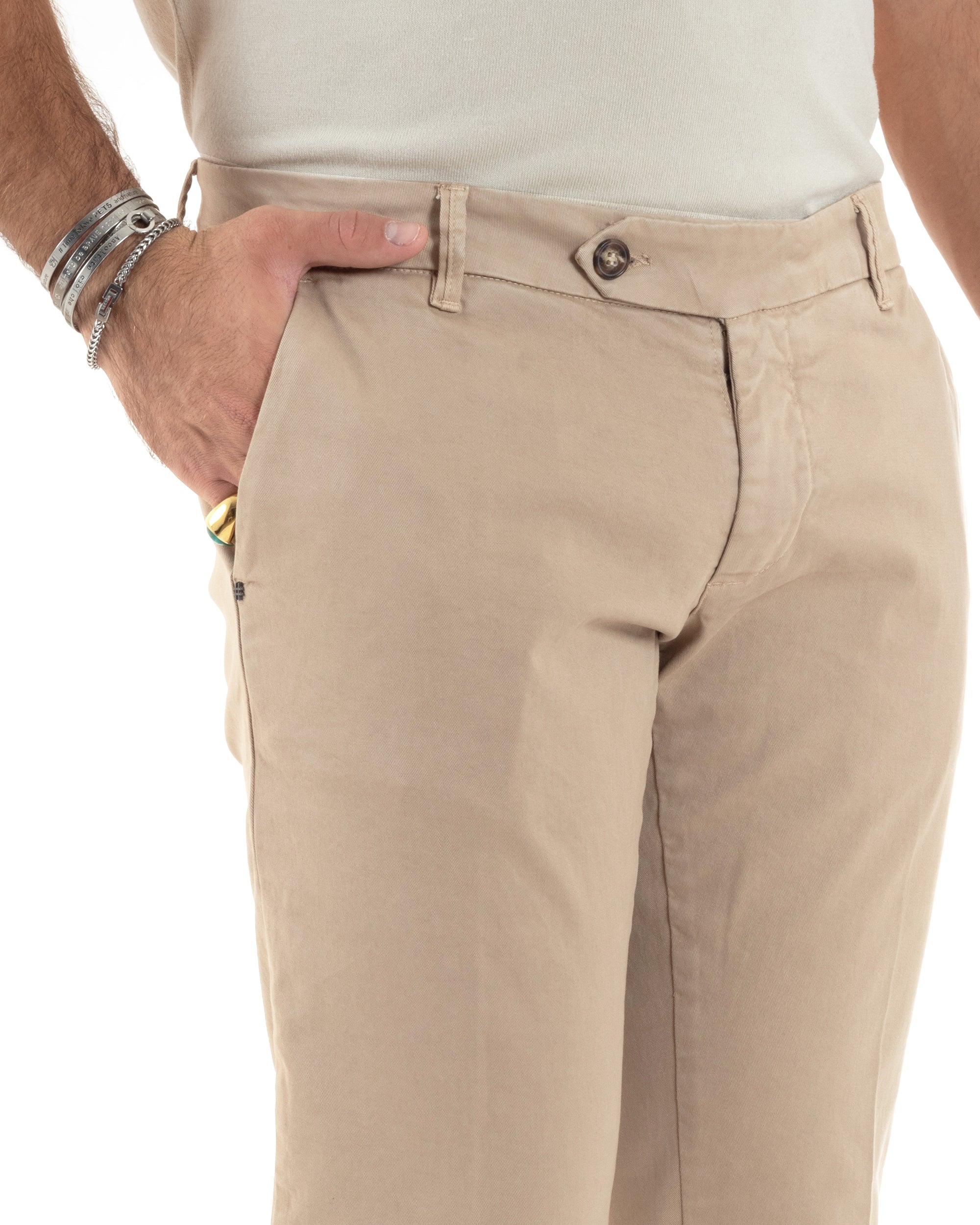 Pantaloni Uomo Chino Abbottonatura Allungata Tasca America Capri Cotone Estivo Sartoriale Slim Tinta Unita Beige GIOSAL-P6233A