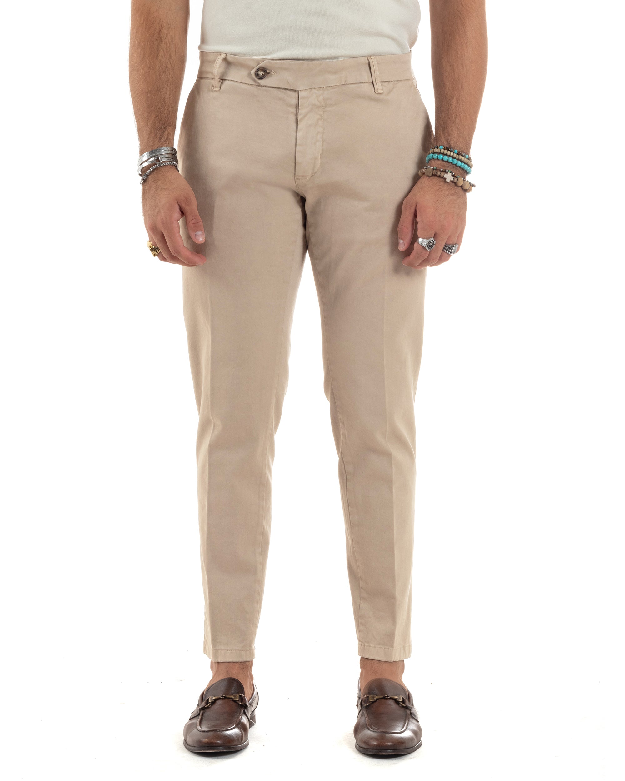Pantaloni Uomo Chino Abbottonatura Allungata Tasca America Capri Cotone Estivo Sartoriale Slim Tinta Unita Beige GIOSAL-P6233A