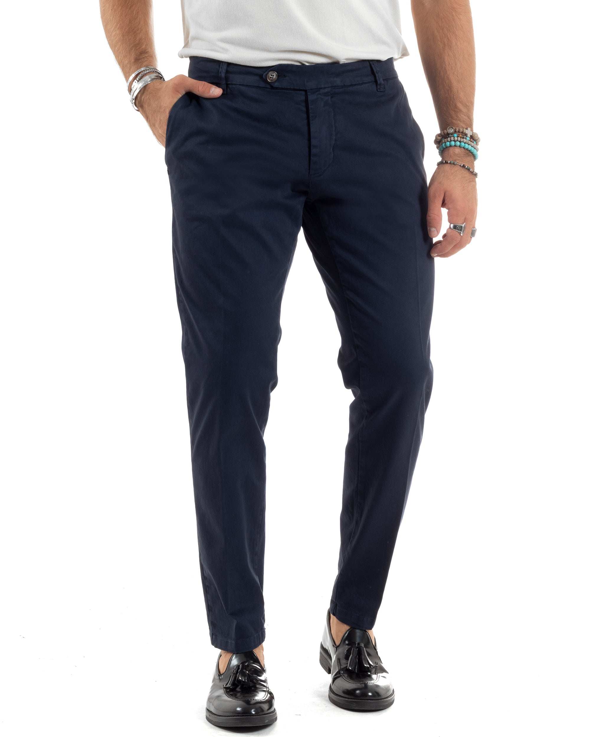 Pantaloni Uomo Chino Abbottonatura Allungata Tasca America Capri Cotone Estivo Sartoriale Slim Tinta Unita Blu GIOSAL-P6234A