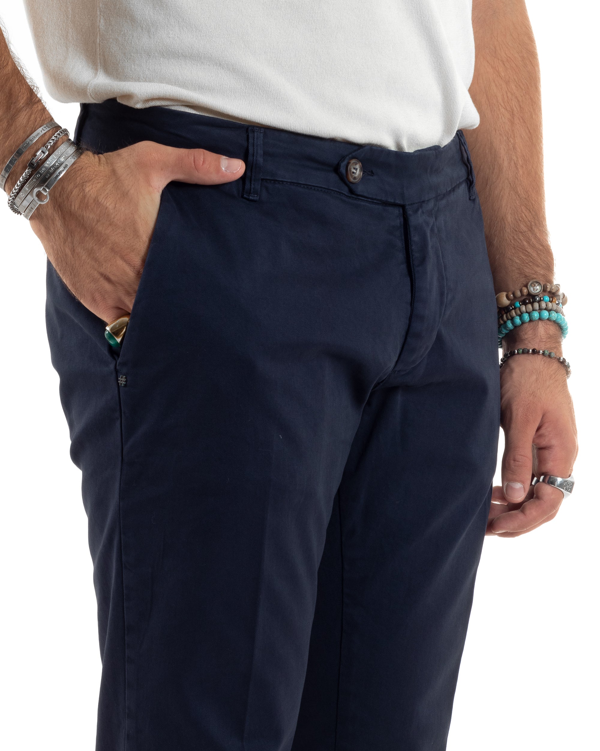Pantaloni Uomo Chino Abbottonatura Allungata Tasca America Capri Cotone Estivo Sartoriale Slim Tinta Unita Blu GIOSAL-P6234A