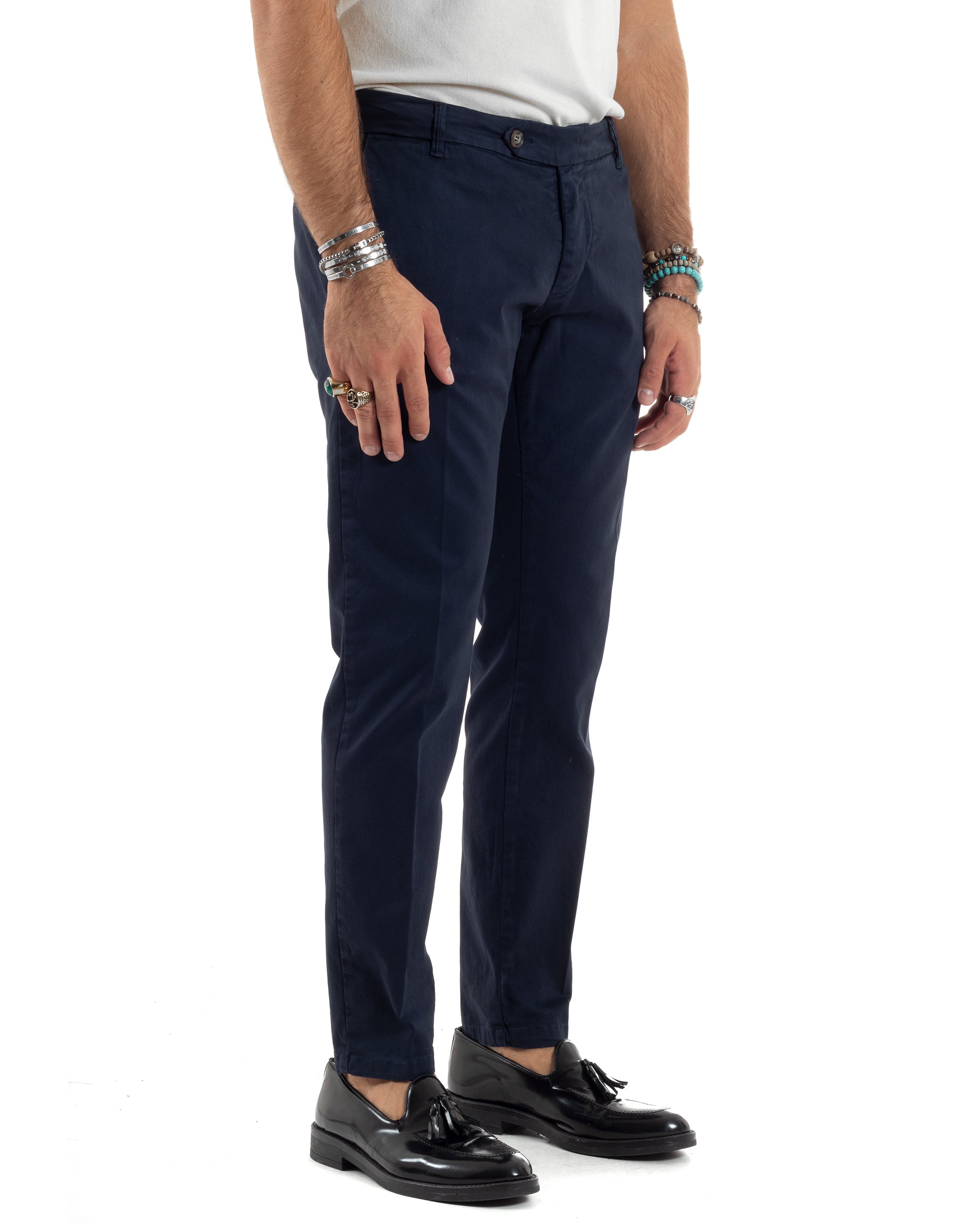 Pantaloni Uomo Chino Abbottonatura Allungata Tasca America Capri Cotone Estivo Sartoriale Slim Tinta Unita Blu GIOSAL-P6234A