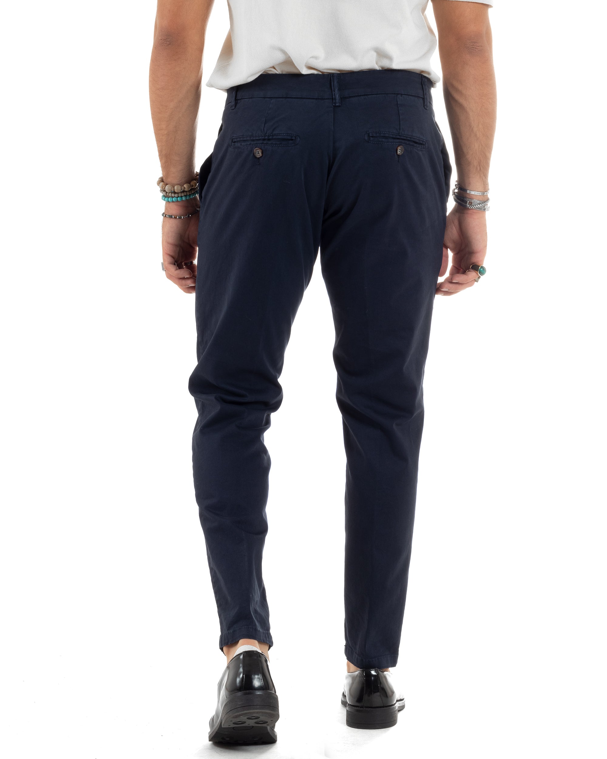 Pantaloni Uomo Chino Abbottonatura Allungata Tasca America Capri Cotone Estivo Sartoriale Slim Tinta Unita Blu GIOSAL-P6234A