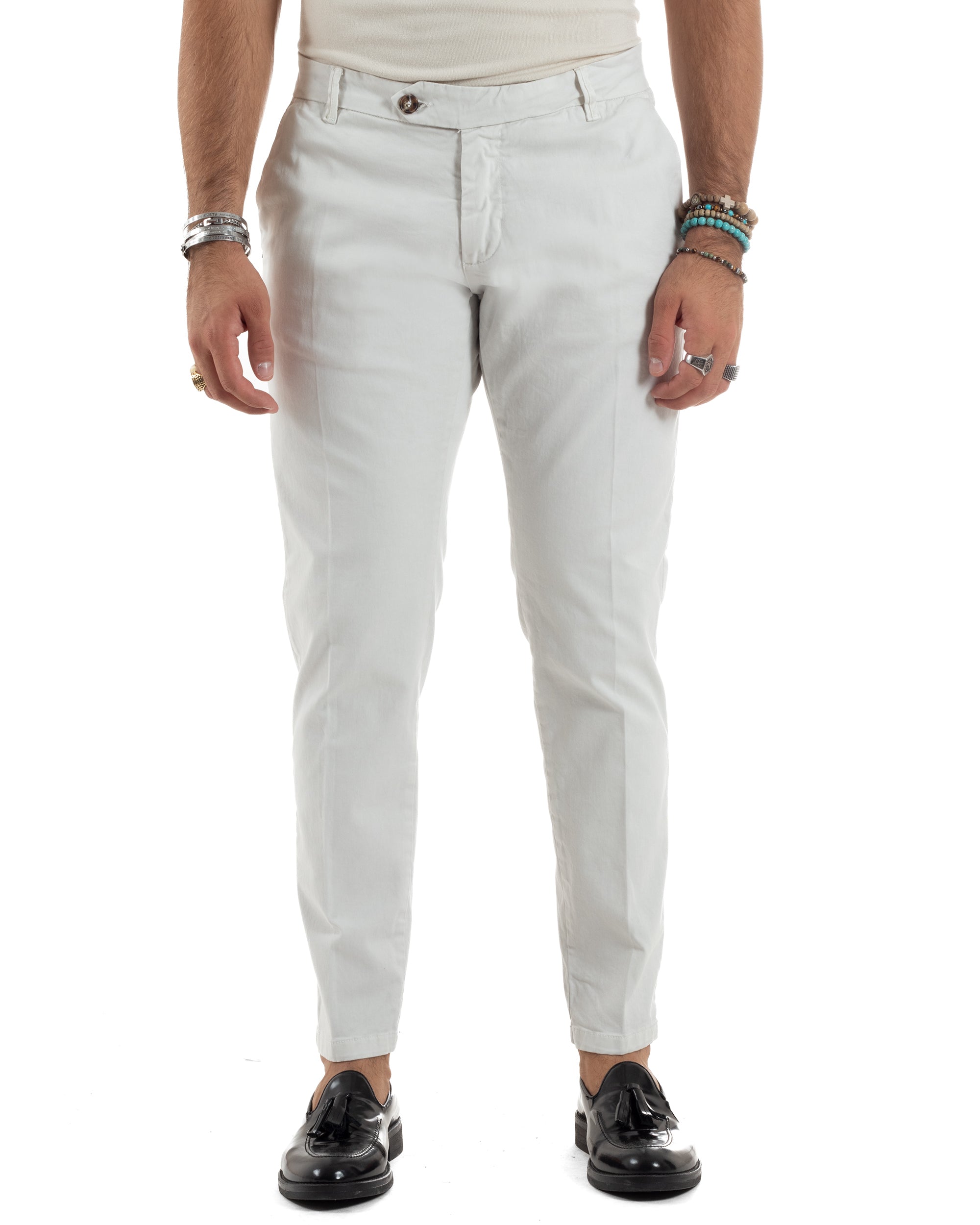 Pantaloni Uomo Chino Abbottonatura Allungata Tasca America Capri Cotone Estivo Sartoriale Slim Tinta Unita Bianco GIOSAL-P6235A
