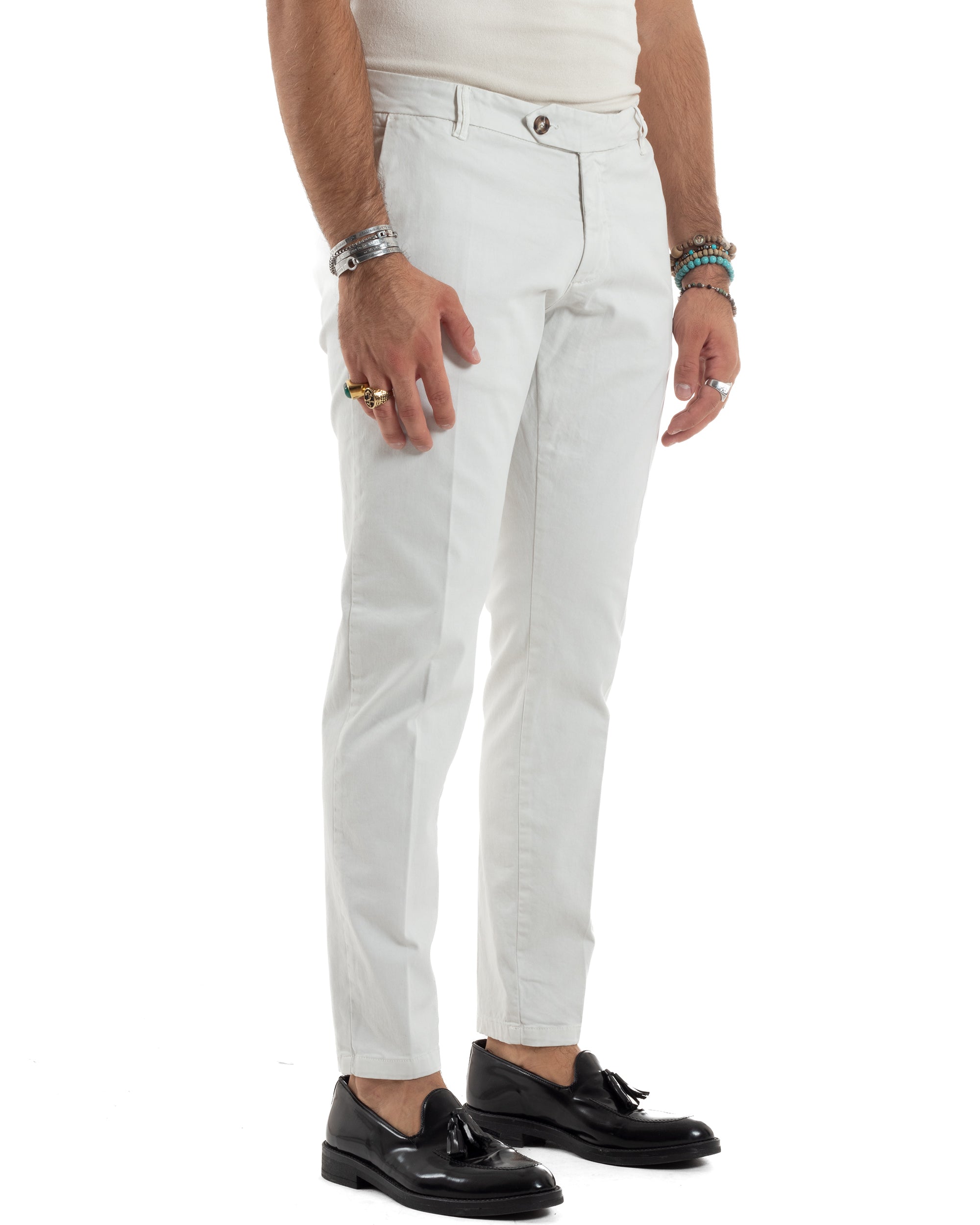 Pantaloni Uomo Chino Abbottonatura Allungata Tasca America Capri Cotone Estivo Sartoriale Slim Tinta Unita Bianco GIOSAL-P6235A