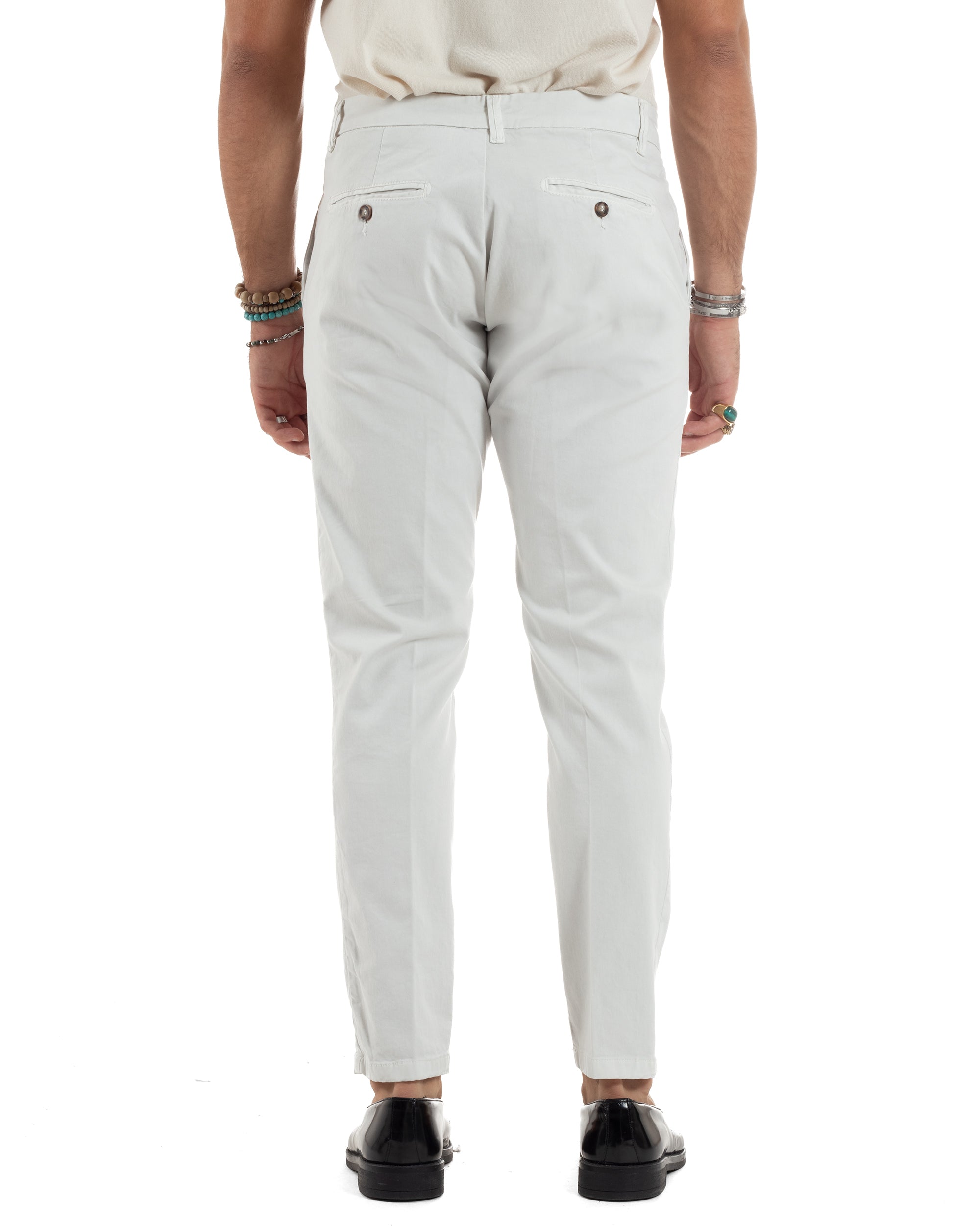 Pantaloni Uomo Chino Abbottonatura Allungata Tasca America Capri Cotone Estivo Sartoriale Slim Tinta Unita Bianco GIOSAL-P6235A