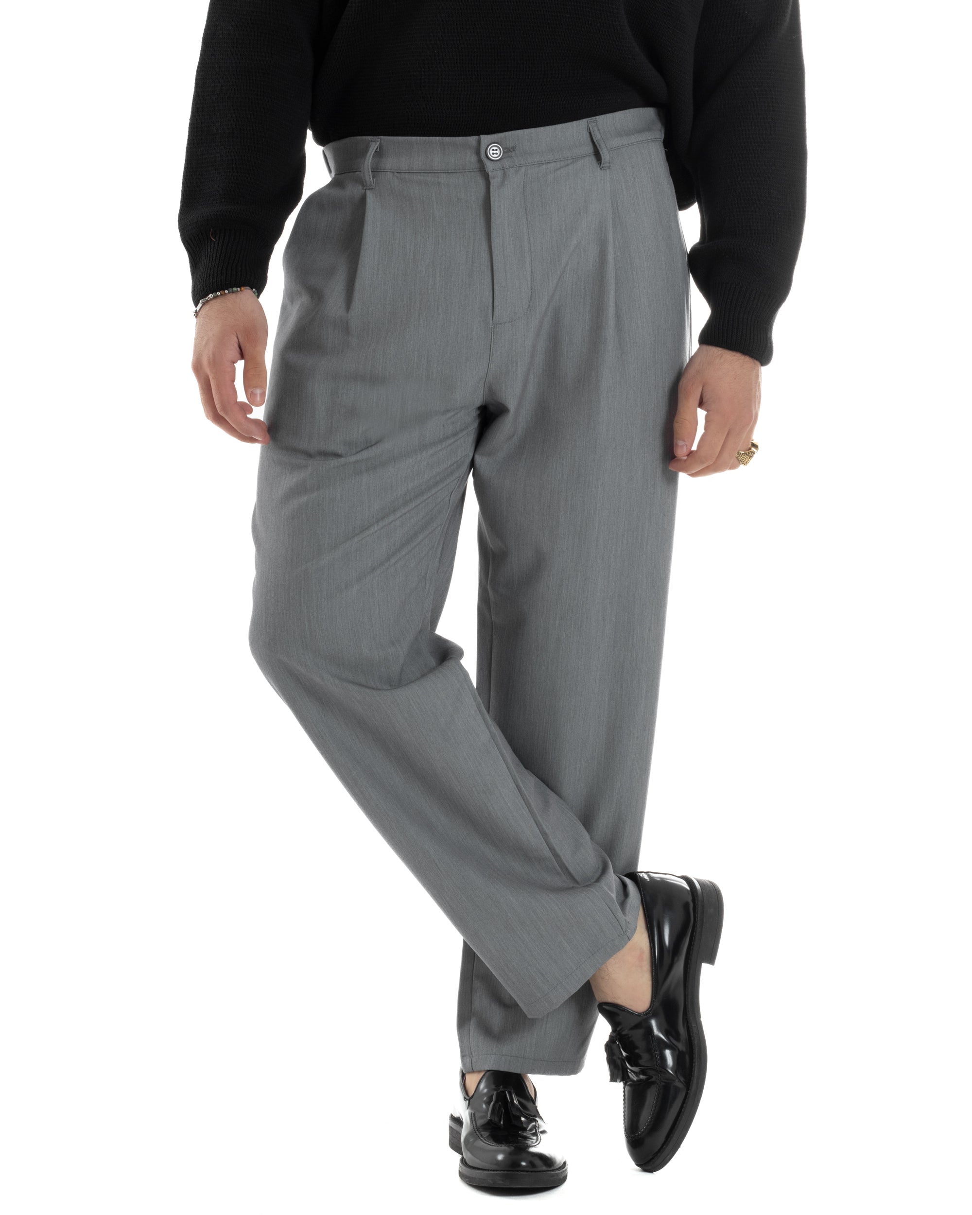 Pantaloni Uomo Viscosa Fondo Largo Baggy Con Pinces Comodo Elastico Sul Retro Relaxed Fit Casual Elegante Grigio GIOSAL-P6236A