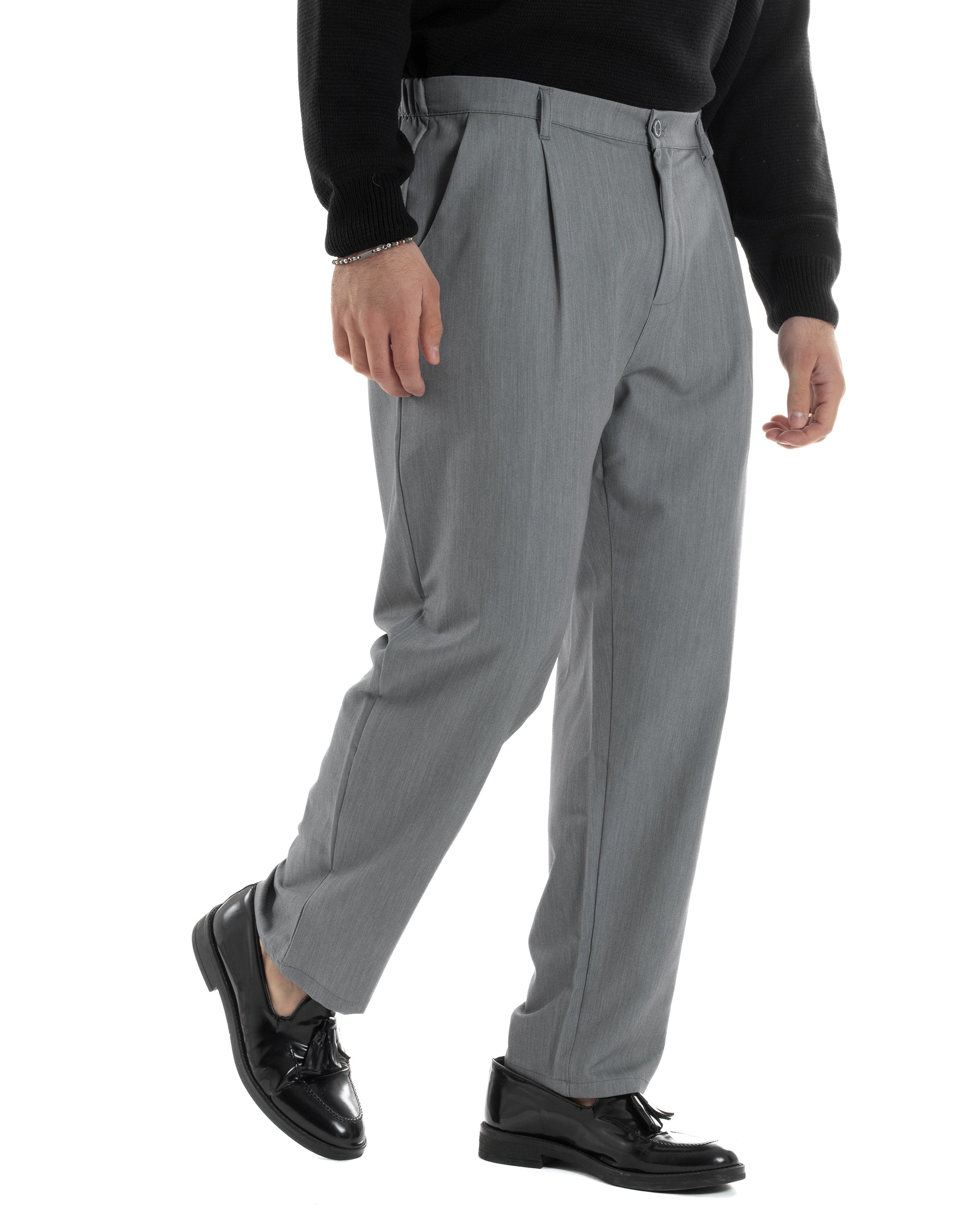 Pantaloni Uomo Viscosa Fondo Largo Baggy Con Pinces Comodo Elastico Sul Retro Relaxed Fit Casual Elegante Grigio GIOSAL-P6236A