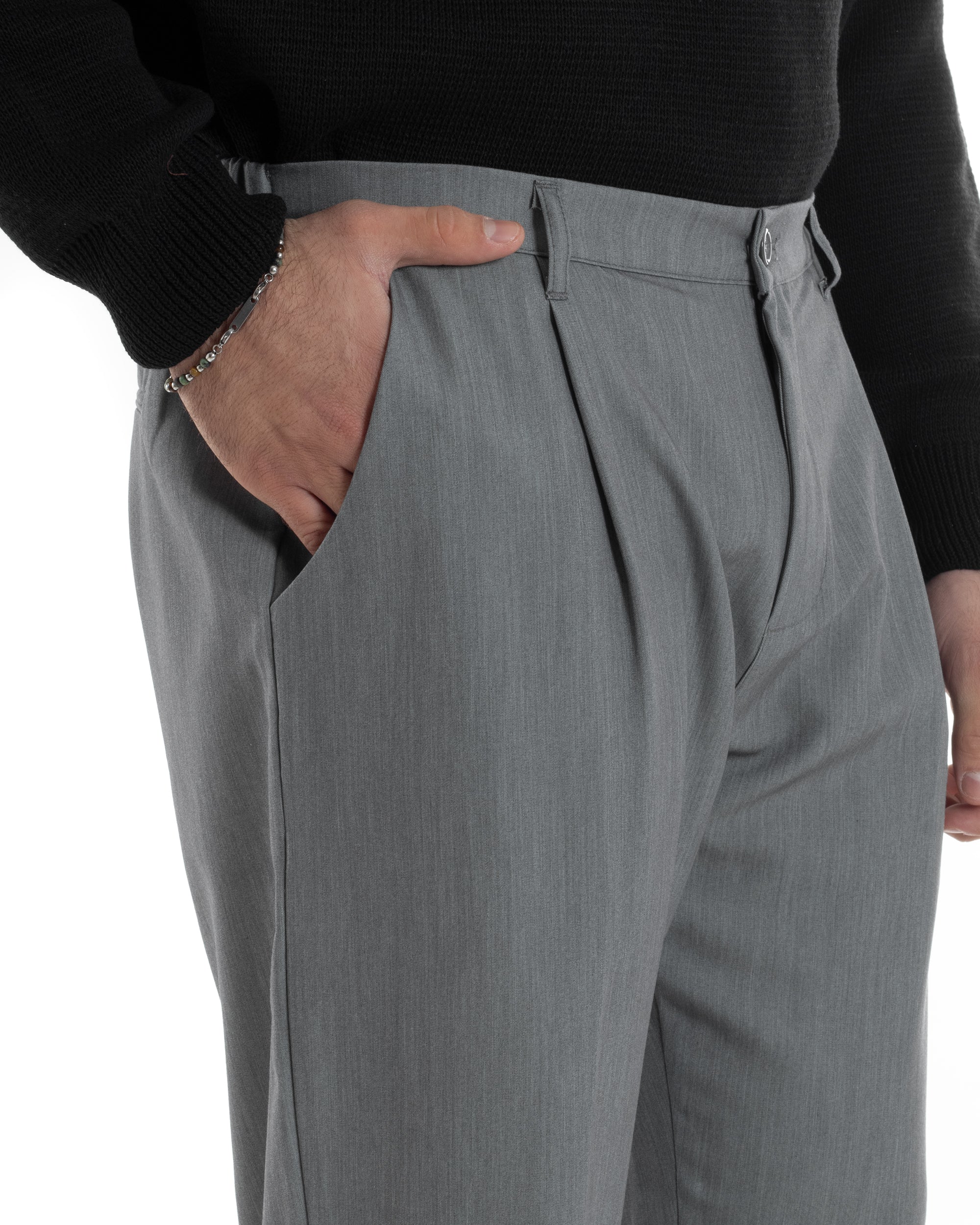 Pantaloni Uomo Viscosa Fondo Largo Baggy Con Pinces Comodo Elastico Sul Retro Relaxed Fit Casual Elegante Grigio GIOSAL-P6236A