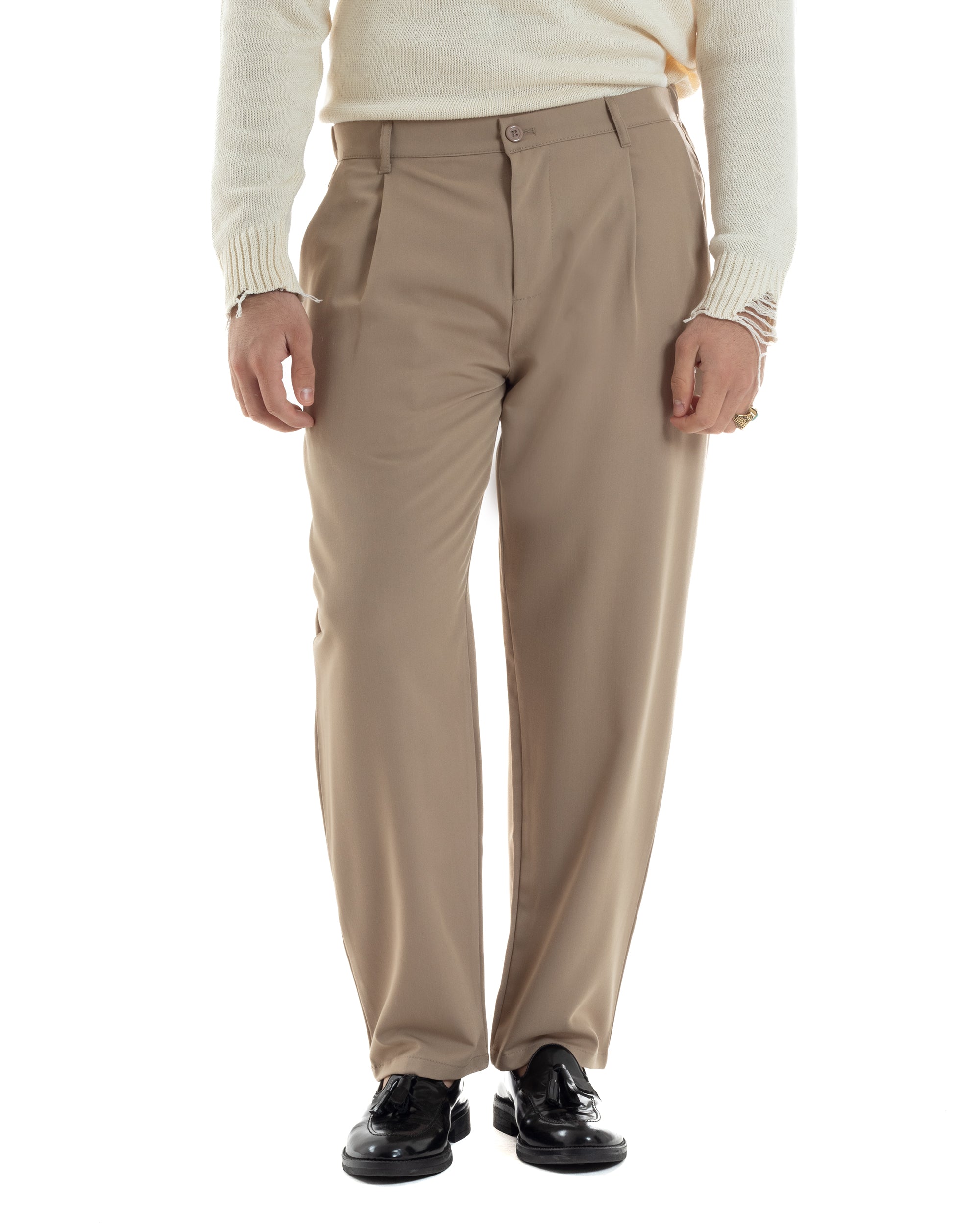 Pantaloni Uomo Viscosa Fondo Largo Baggy Con Pinces Comodo Elastico Sul Retro Relaxed Fit Casual Elegante Sabbia GIOSAL-P6237A