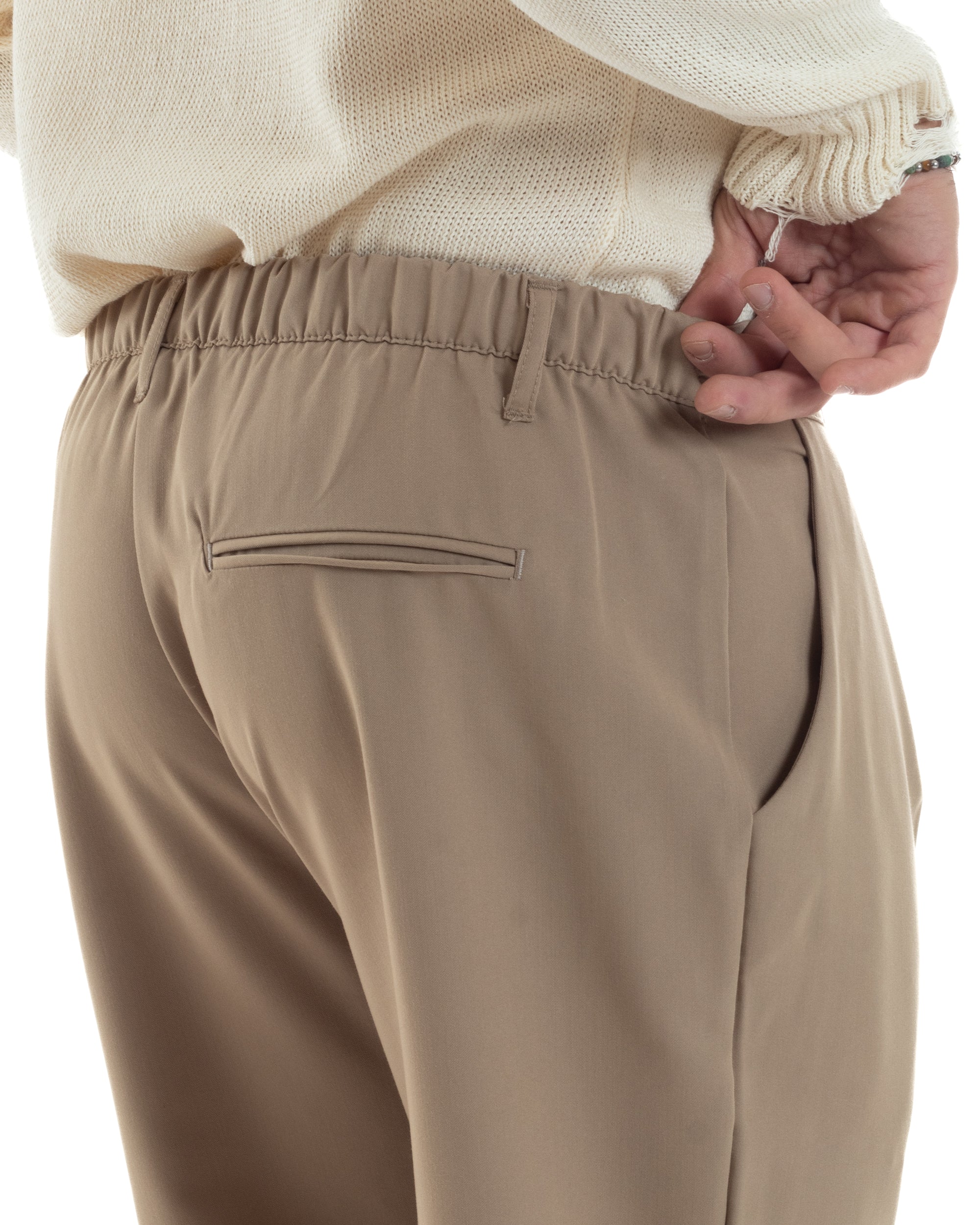 Pantaloni Uomo Viscosa Fondo Largo Baggy Con Pinces Comodo Elastico Sul Retro Relaxed Fit Casual Elegante Sabbia GIOSAL-P6237A