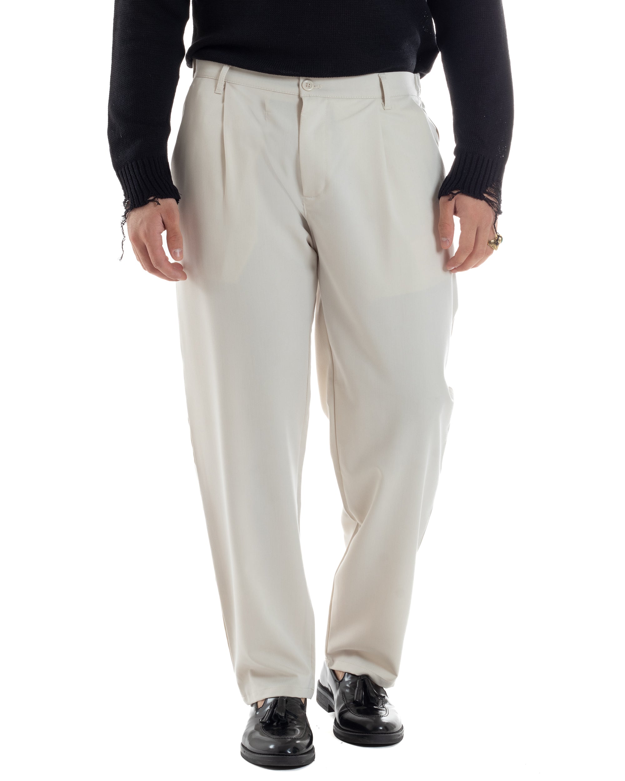 Pantaloni Uomo Viscosa Fondo Largo Baggy Con Pinces Comodo Elastico Sul Retro Relaxed Fit Casual Elegante Panna GIOSAL-P6239A