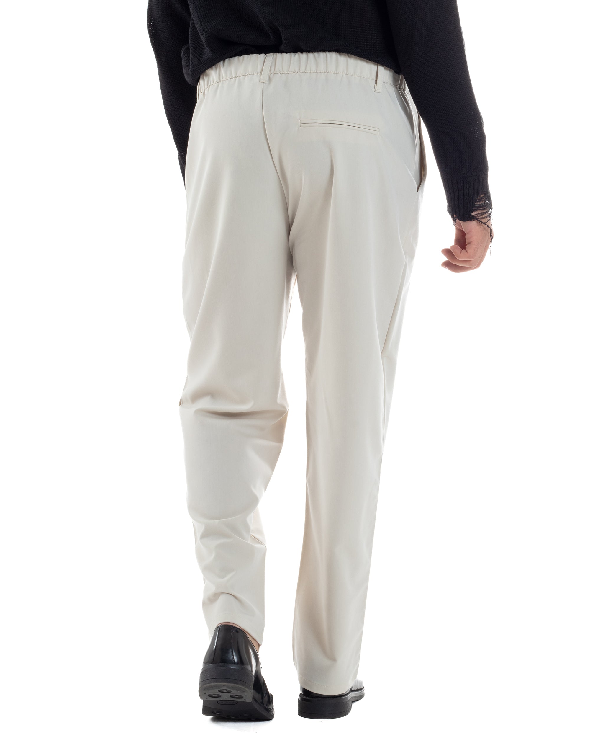 Pantaloni Uomo Viscosa Fondo Largo Baggy Con Pinces Comodo Elastico Sul Retro Relaxed Fit Casual Elegante Panna GIOSAL-P6239A