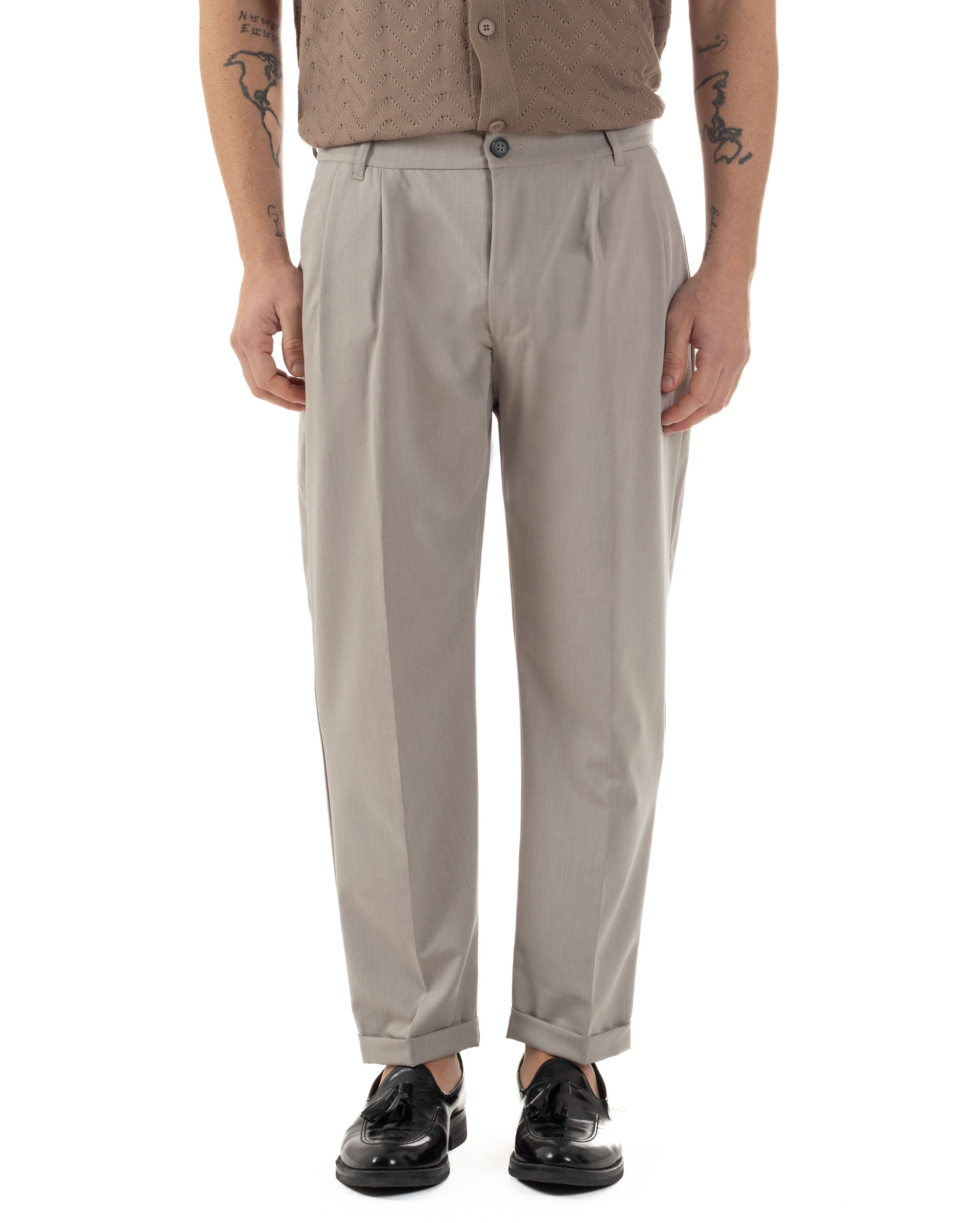 Pantaloni Uomo Viscosa Tasche America Doppia Pinces Comodo Balloon Fit Casual Tinta Unita Beige GIOSAL-P6240A