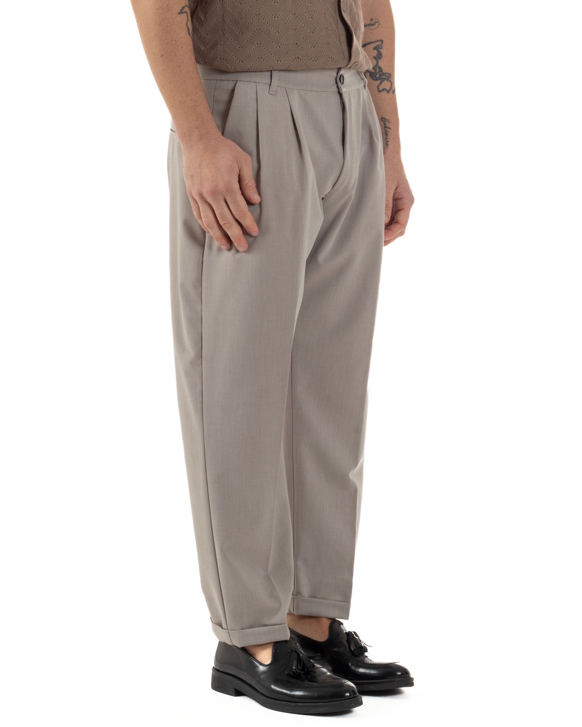 Pantaloni Uomo Viscosa Tasche America Doppia Pinces Comodo Balloon Fit Casual Tinta Unita Beige GIOSAL-P6240A