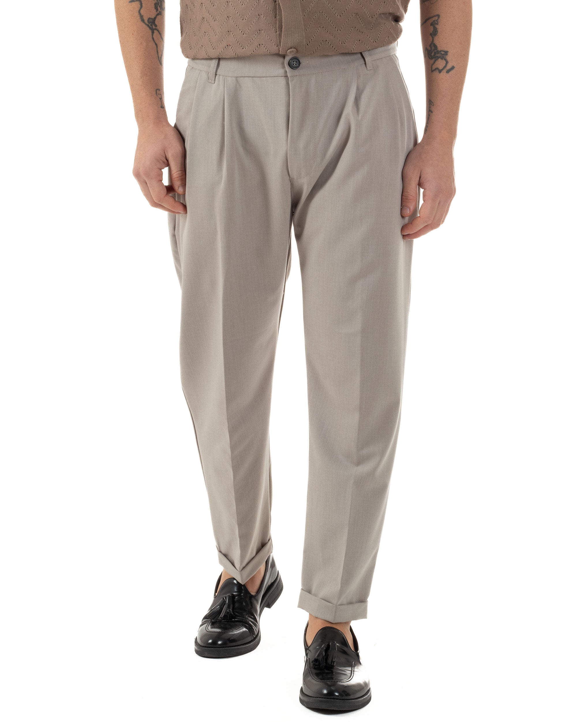 Pantaloni Uomo Viscosa Tasche America Doppia Pinces Comodo Balloon Fit Casual Tinta Unita Beige GIOSAL-P6240A