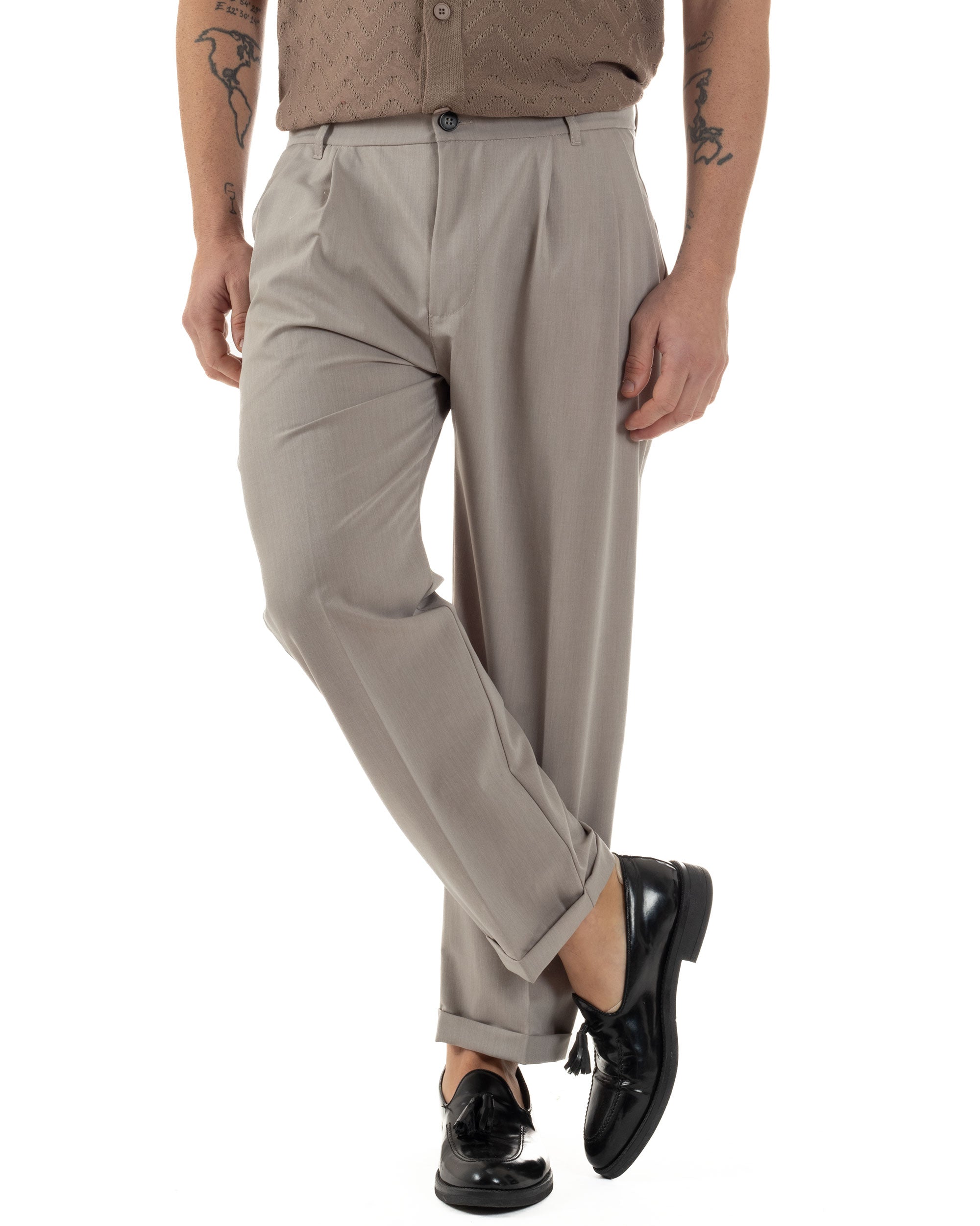Pantaloni Uomo Viscosa Tasche America Doppia Pinces Comodo Balloon Fit Casual Tinta Unita Beige GIOSAL-P6240A