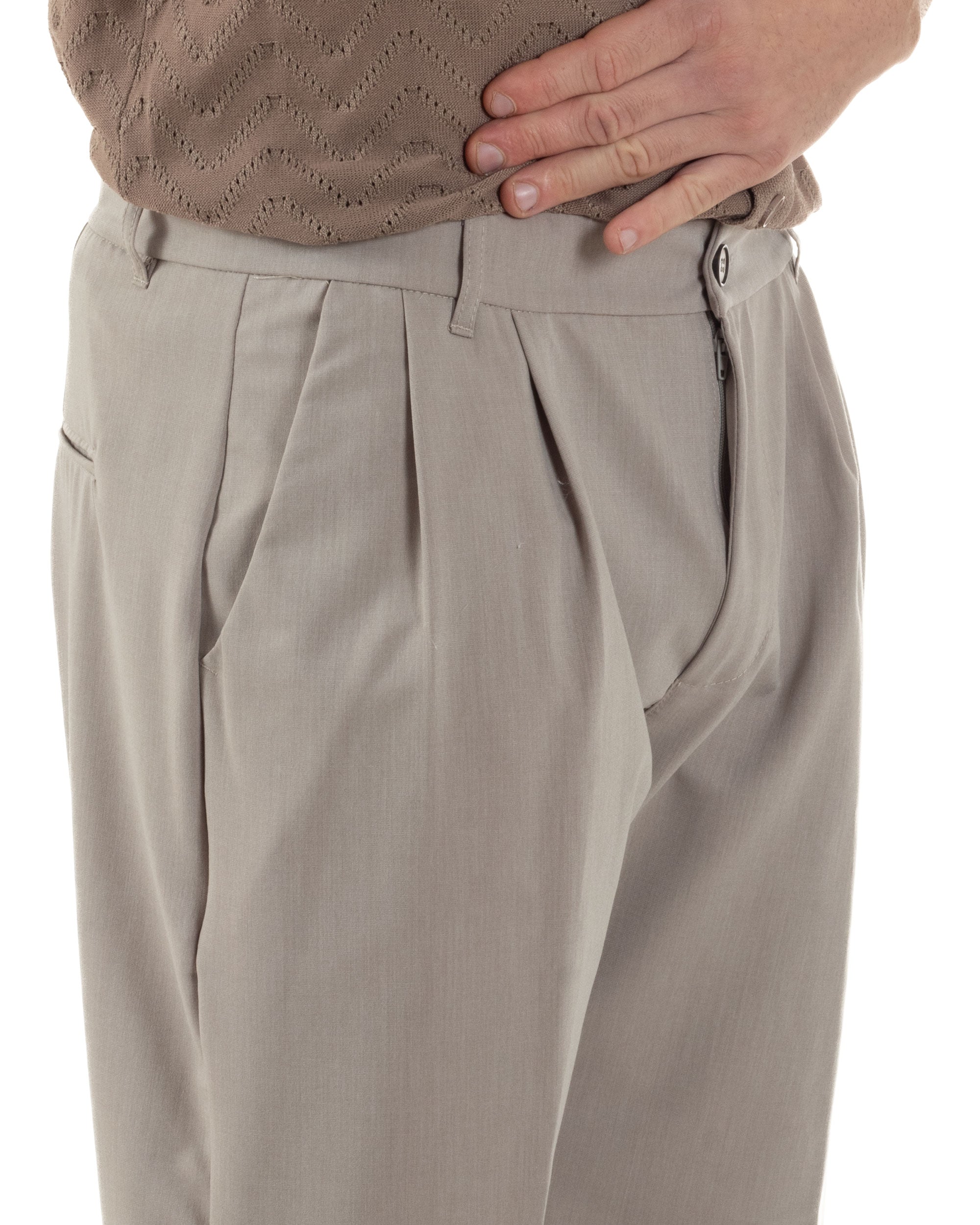 Pantaloni Uomo Viscosa Tasche America Doppia Pinces Comodo Balloon Fit Casual Tinta Unita Beige GIOSAL-P6240A