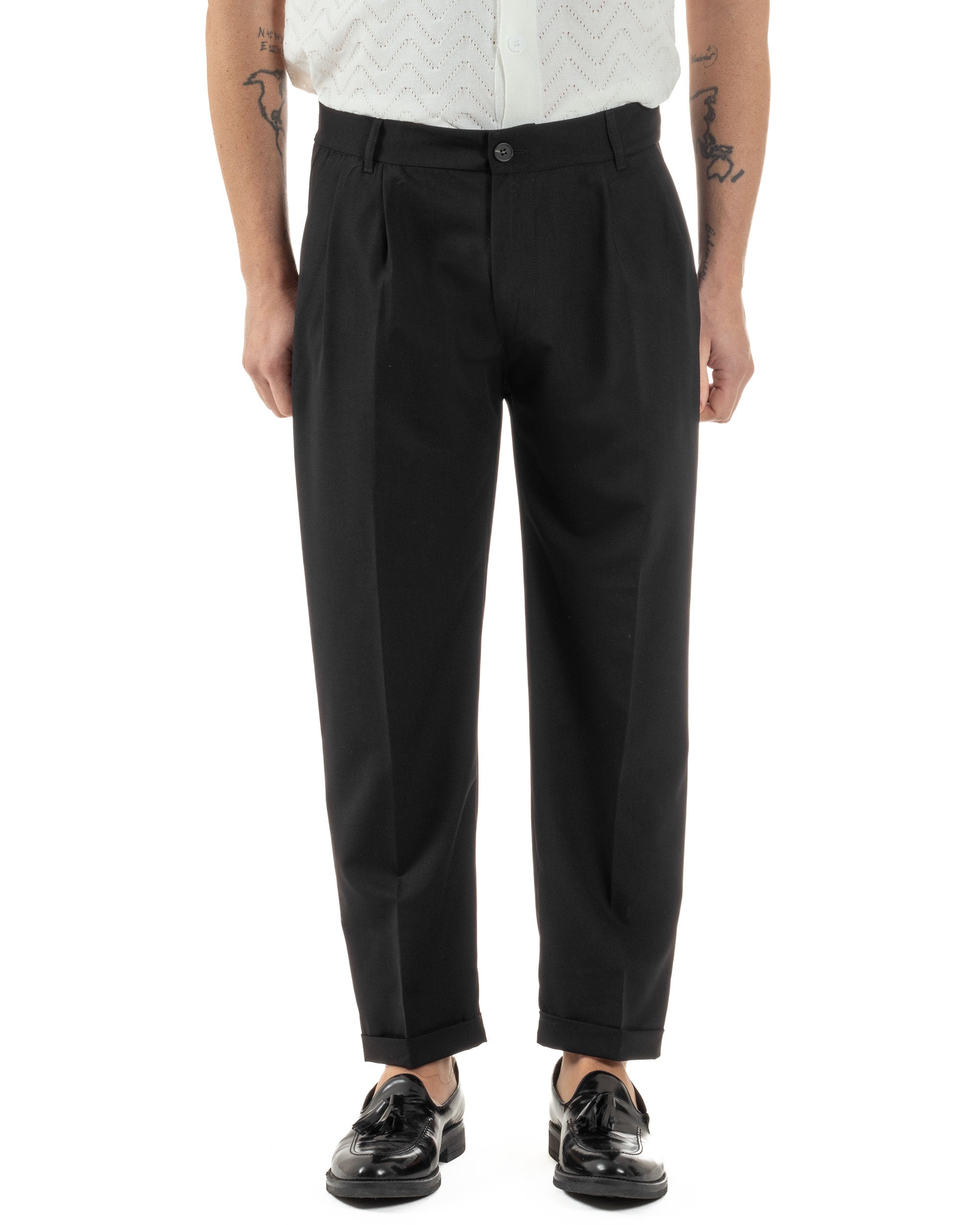 Pantaloni Uomo Viscosa Tasche America Doppia Pinces Comodo Balloon Fit Casual Tinta Unita Nero GIOSAL-P6241A