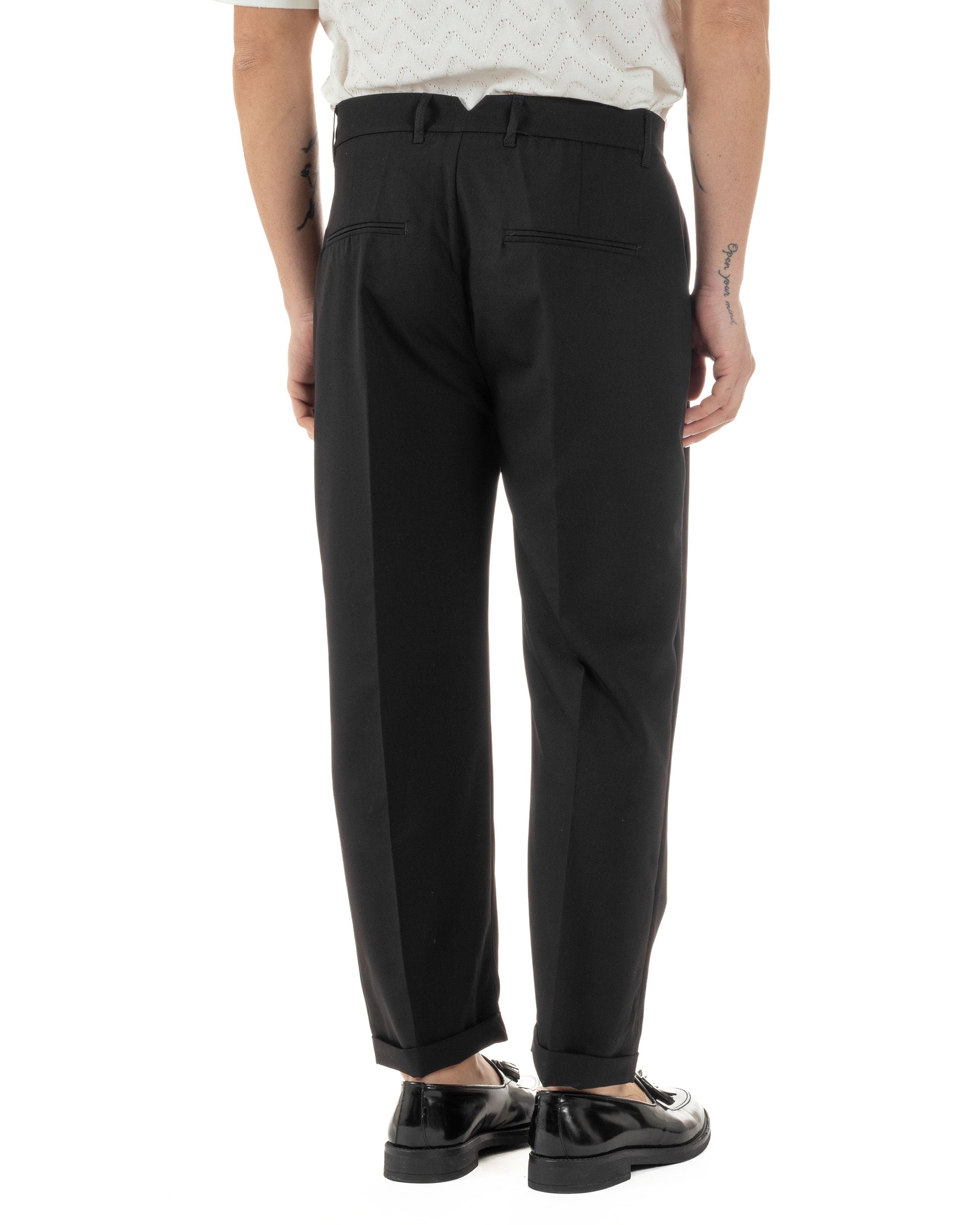 Pantaloni Uomo Viscosa Tasche America Doppia Pinces Comodo Balloon Fit Casual Tinta Unita Nero GIOSAL-P6241A