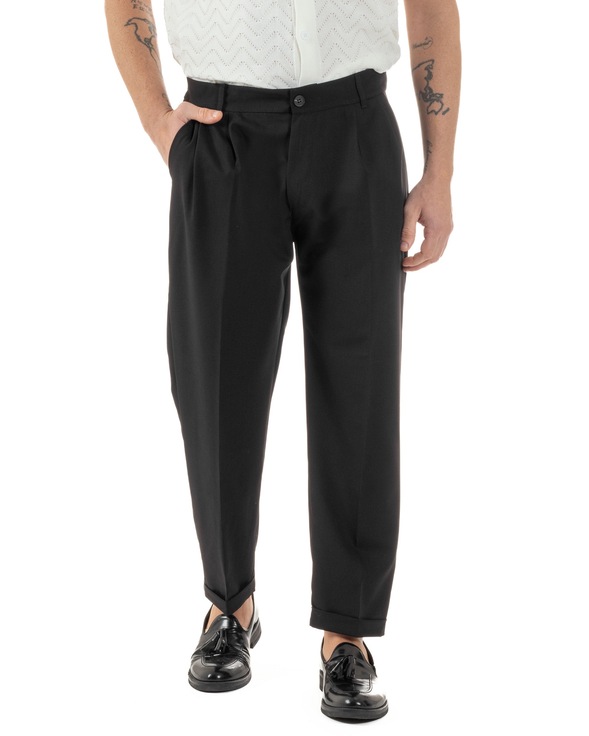 Pantaloni Uomo Viscosa Tasche America Doppia Pinces Comodo Balloon Fit Casual Tinta Unita Nero GIOSAL-P6241A