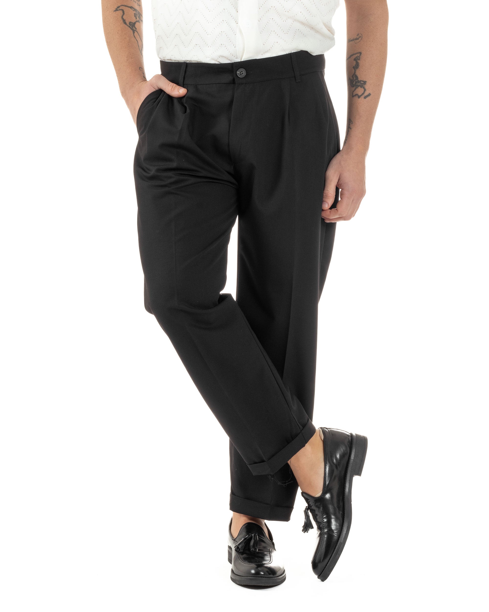 Pantaloni Uomo Viscosa Tasche America Doppia Pinces Comodo Balloon Fit Casual Tinta Unita Nero GIOSAL-P6241A