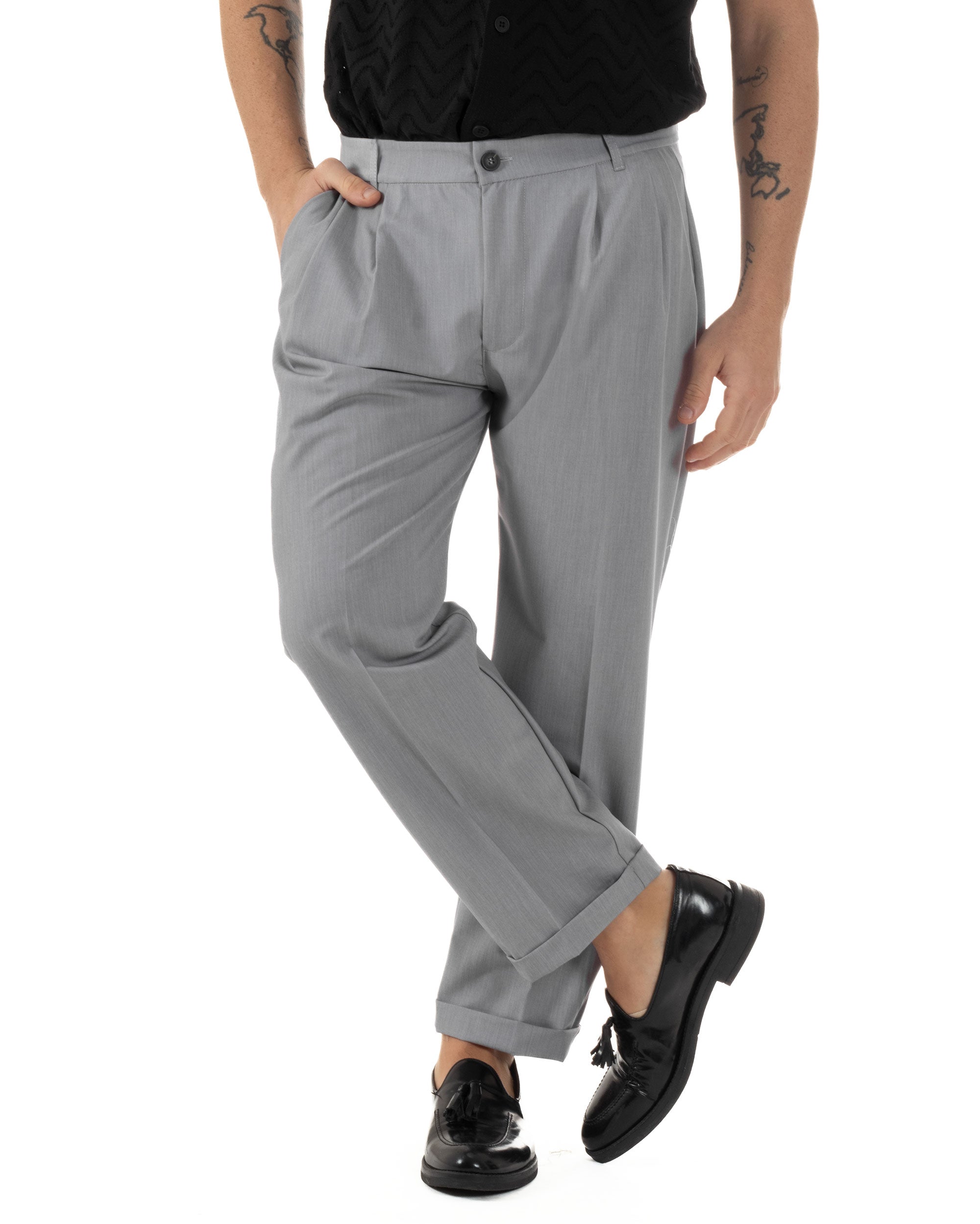 Pantaloni Uomo Viscosa Tasche America Doppia Pinces Comodo Balloon Fit Casual Tinta Unita Grigio GIOSAL-P6242A