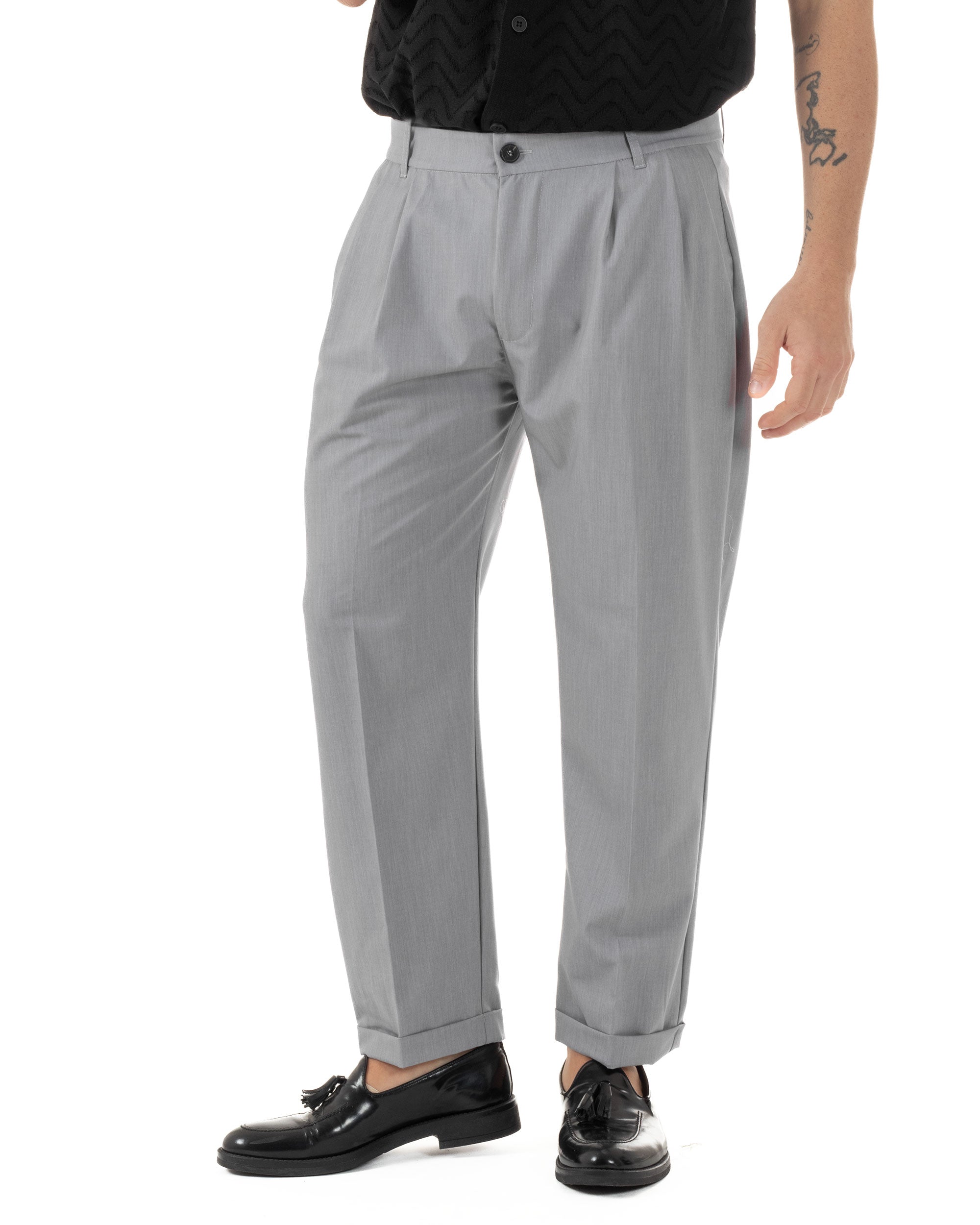 Pantaloni Uomo Viscosa Tasche America Doppia Pinces Comodo Balloon Fit Casual Tinta Unita Grigio GIOSAL-P6242A