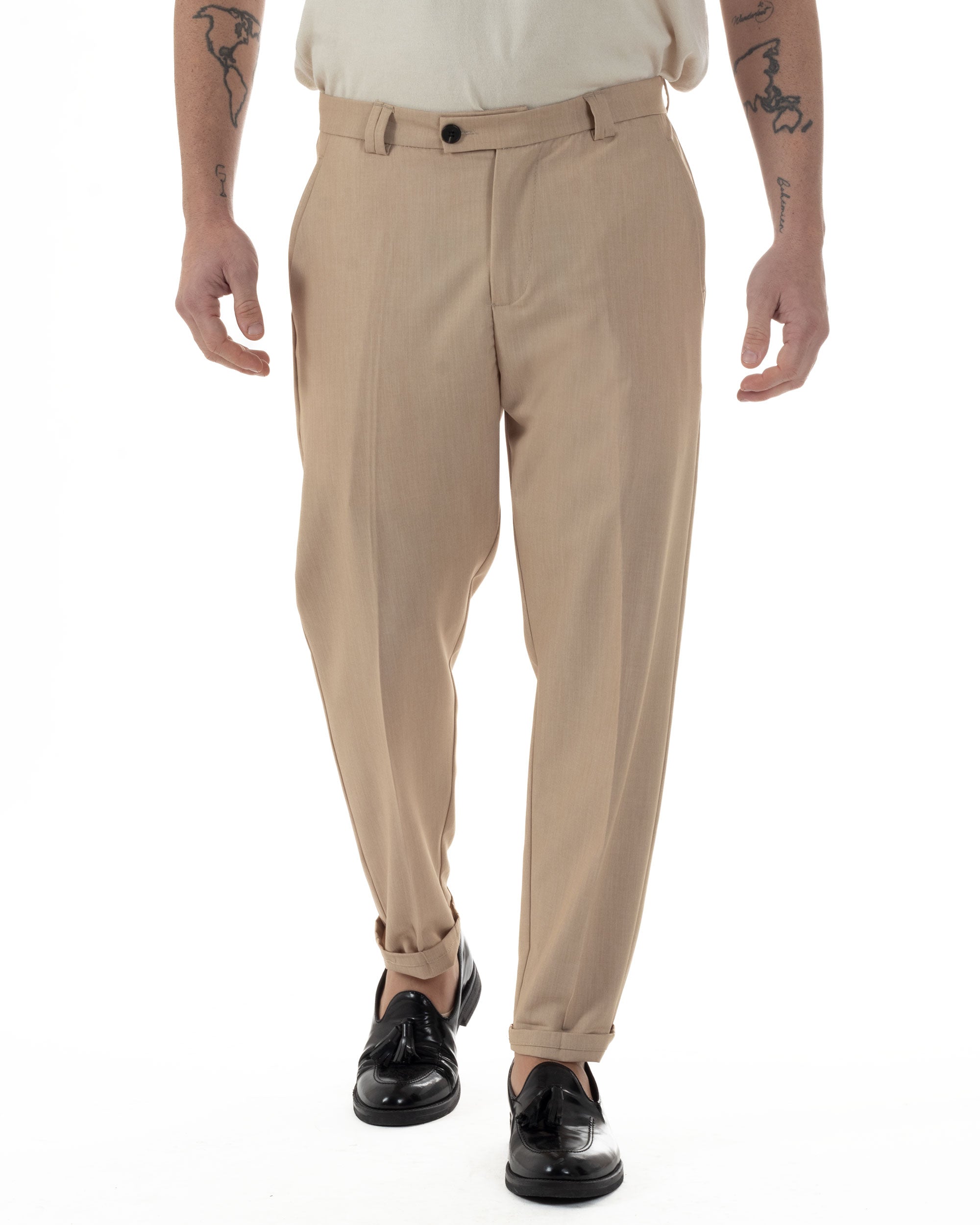 Pantaloni Uomo Viscosa Tasca America Abbottonatura Allungata Capri Sartoriale Camel GIOSAL-P6243A