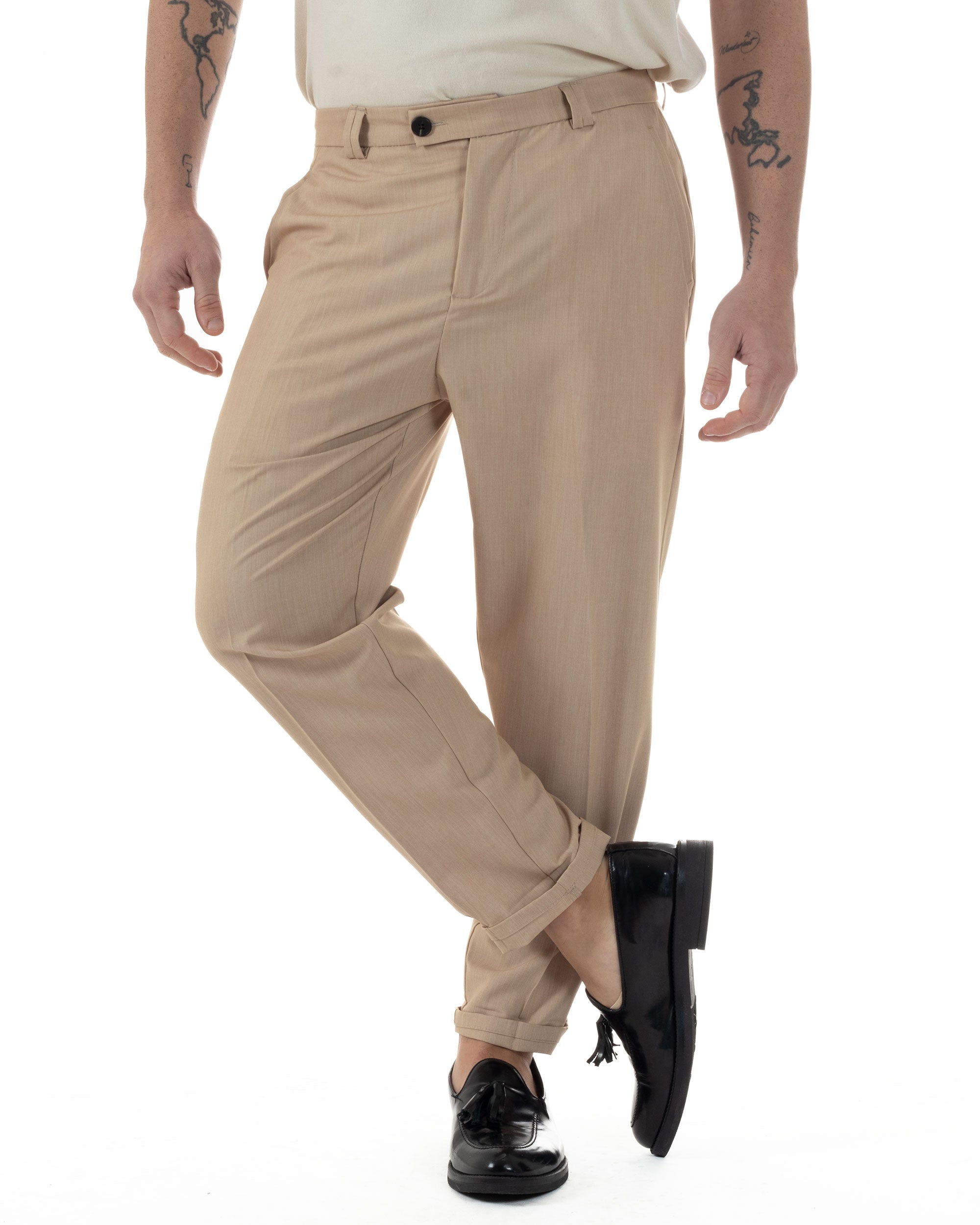 Pantaloni Uomo Viscosa Tasca America Abbottonatura Allungata Capri Sartoriale Camel GIOSAL-P6243A