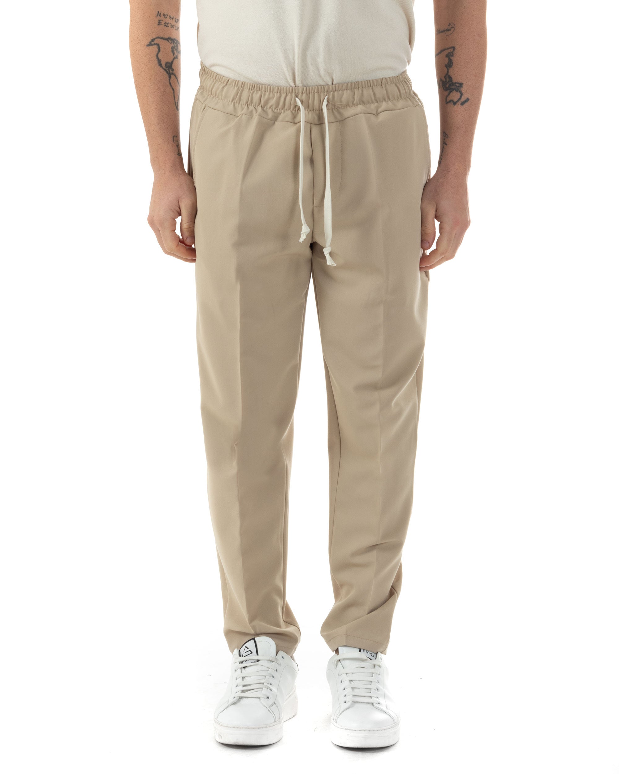 Pantaloni Uomo Pantalaccio Viscosa Morbido Regular Fit Coulisse Elastico Casual Tinta Unita Beige GIOSAL-P6246A
