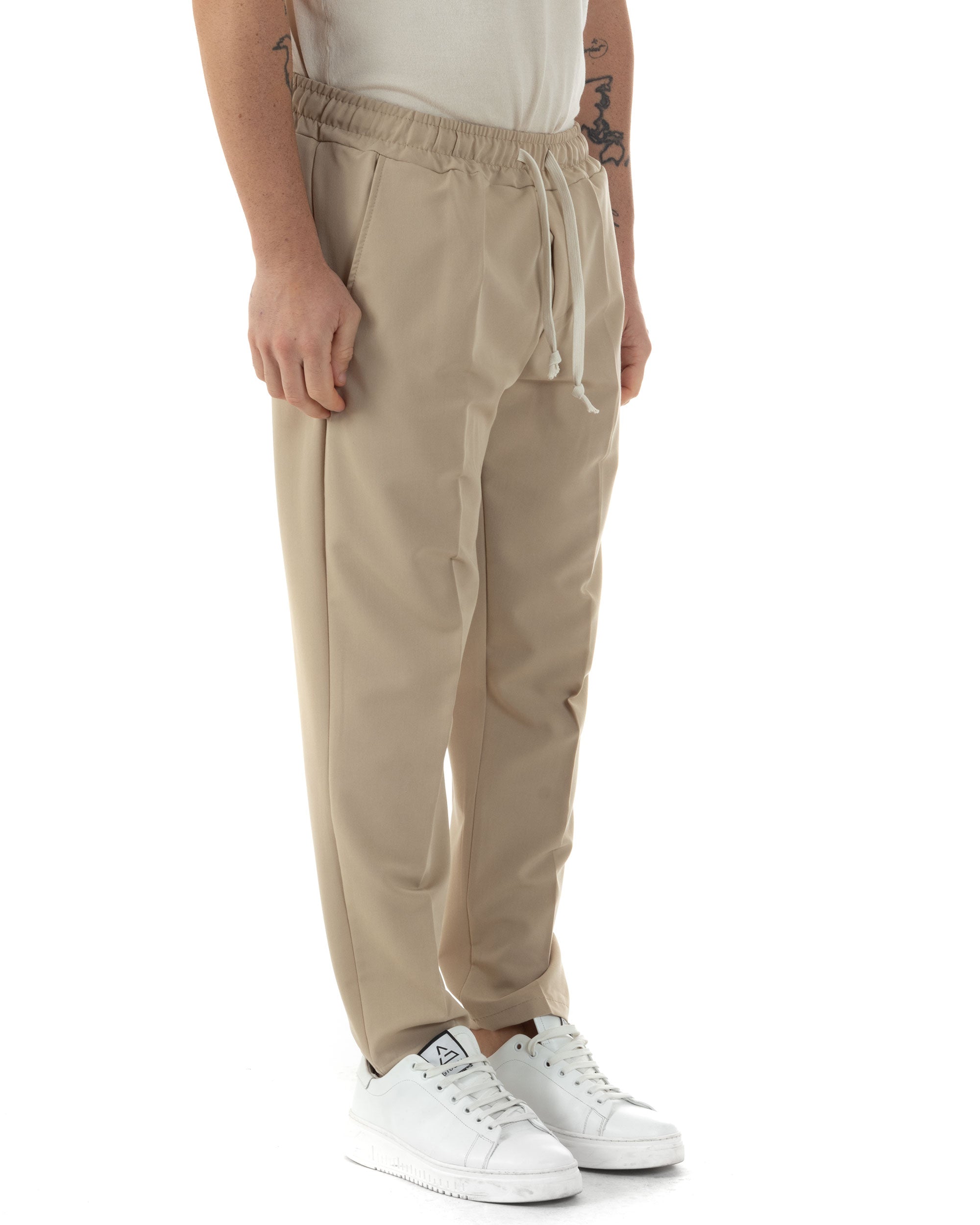 Pantaloni Uomo Pantalaccio Viscosa Morbido Regular Fit Coulisse Elastico Casual Tinta Unita Beige GIOSAL-P6246A
