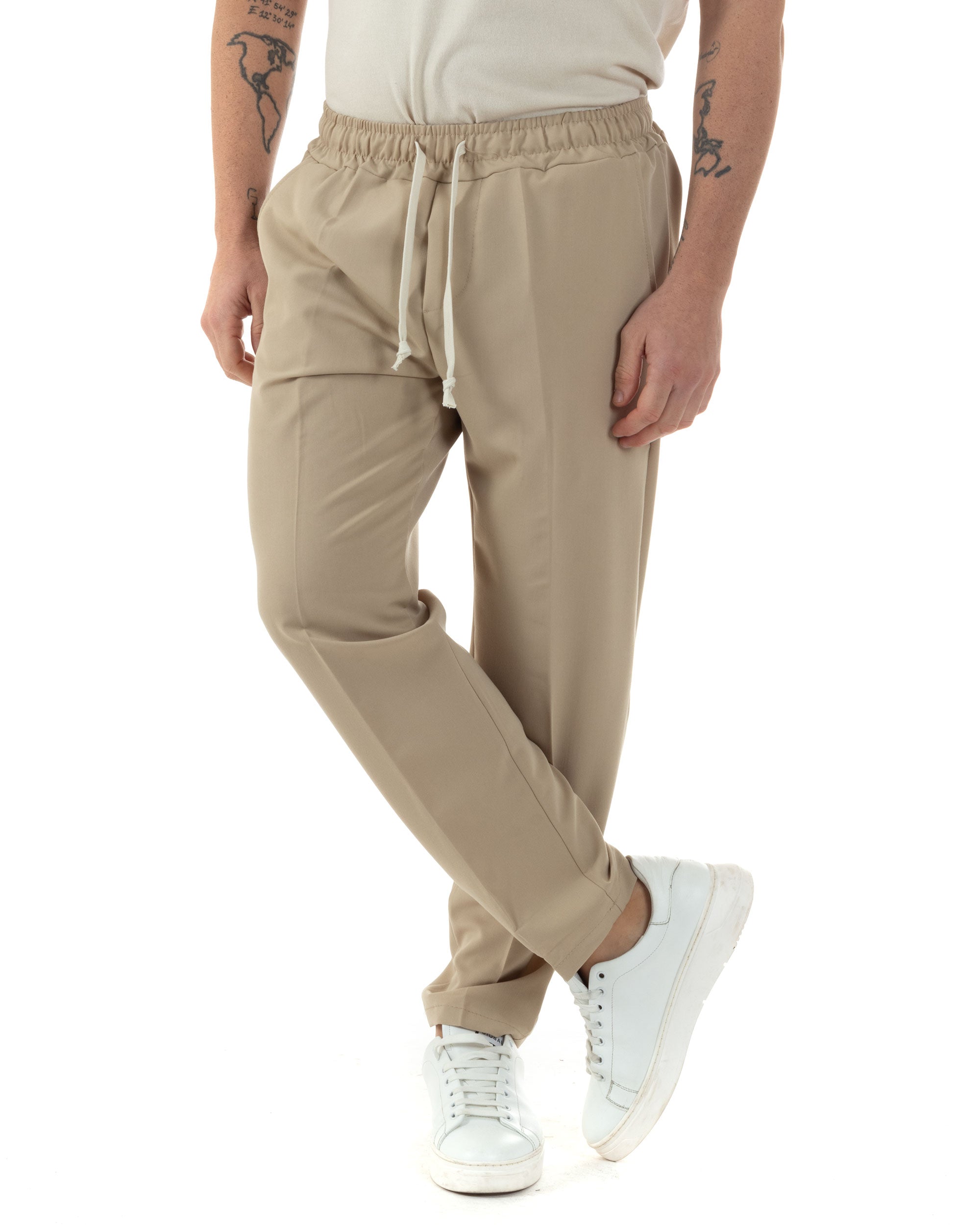 Pantaloni Uomo Pantalaccio Viscosa Morbido Regular Fit Coulisse Elastico Casual Tinta Unita Beige GIOSAL-P6246A