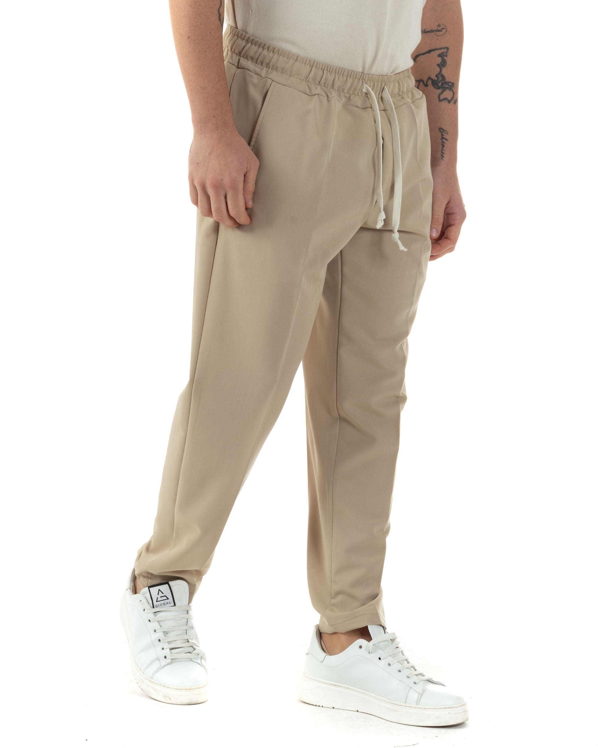 Pantaloni Uomo Pantalaccio Viscosa Morbido Regular Fit Coulisse Elastico Casual Tinta Unita Beige GIOSAL-P6246A