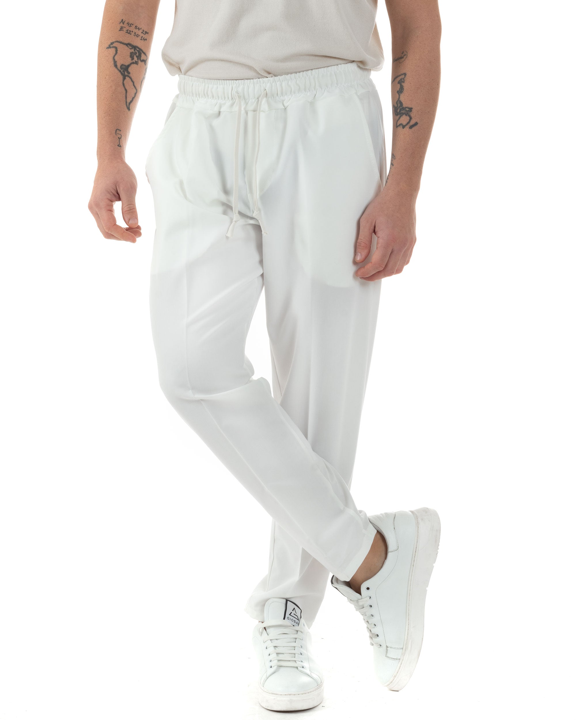 Pantaloni Uomo Pantalaccio Viscosa Morbido Regular Fit Coulisse Elastico Casual Tinta Unita Bianco GIOSAL-P6249A