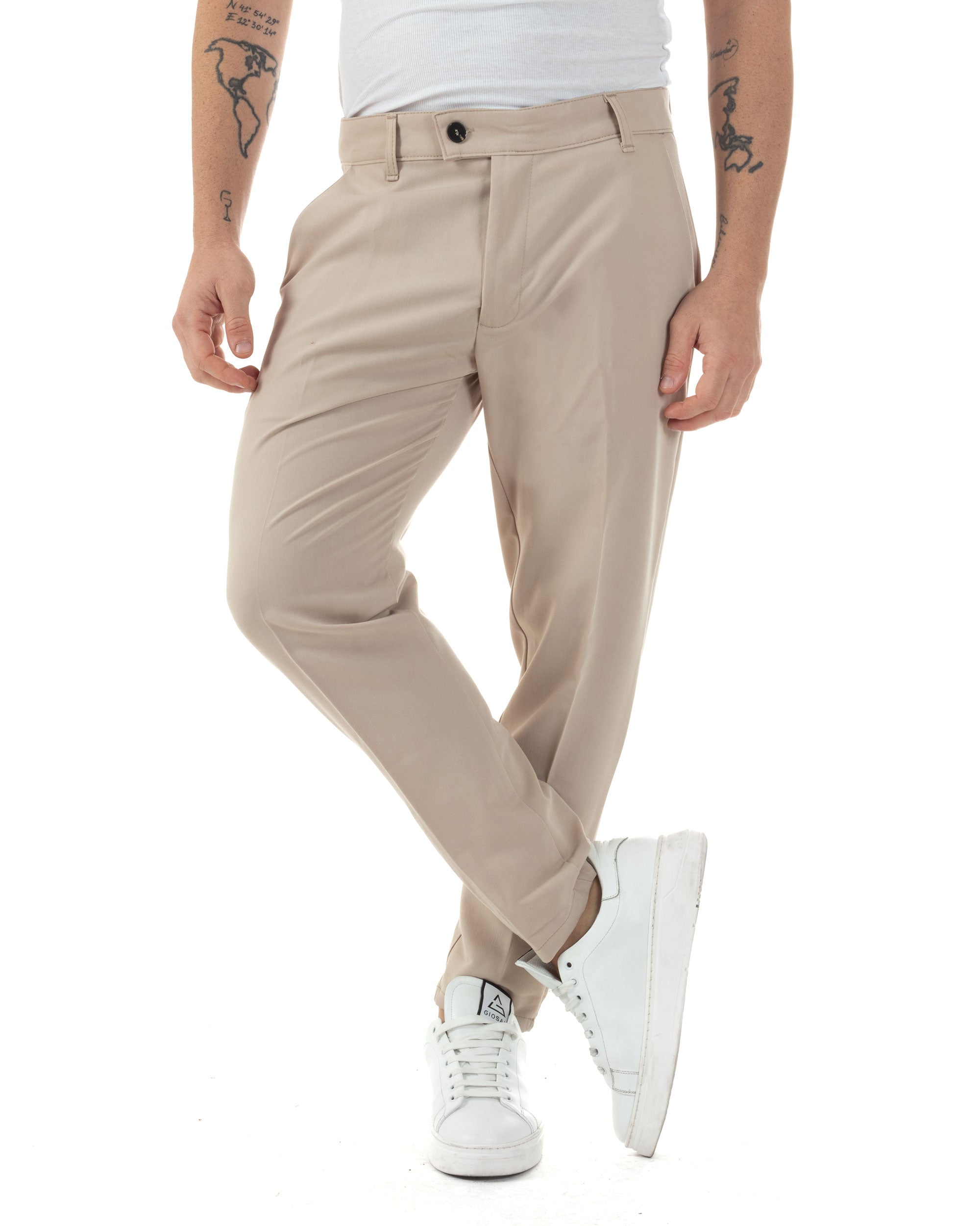 Pantaloni Uomo Viscosa Tasca America Classico Abbottonatura Allungata Casual Beige GIOSAL-P6251A