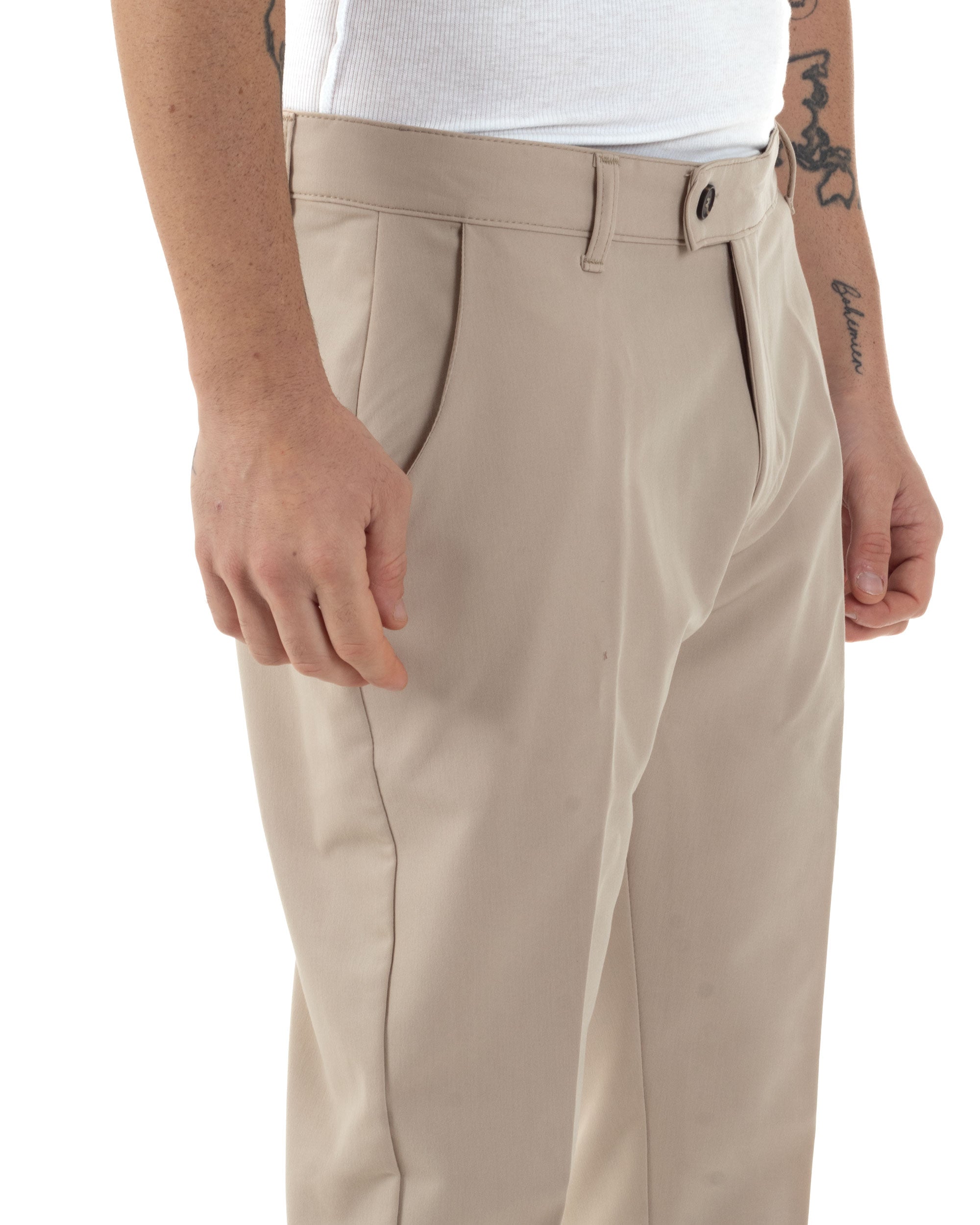 Pantaloni Uomo Viscosa Tasca America Classico Abbottonatura Allungata Casual Beige GIOSAL-P6251A