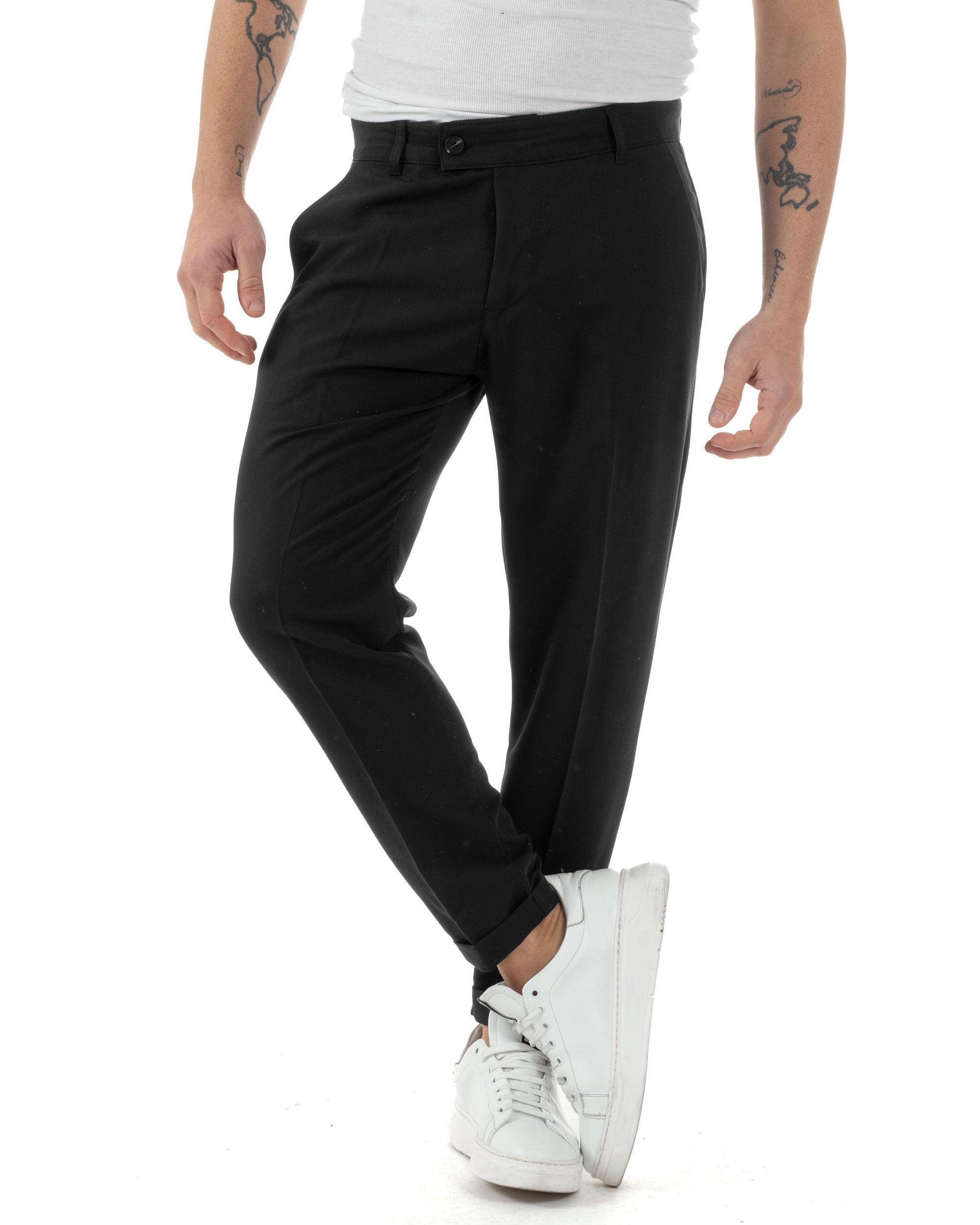 Pantaloni Uomo Viscosa Leggera Abbottonatura Allungata Tasche America Classico Nero P6252A