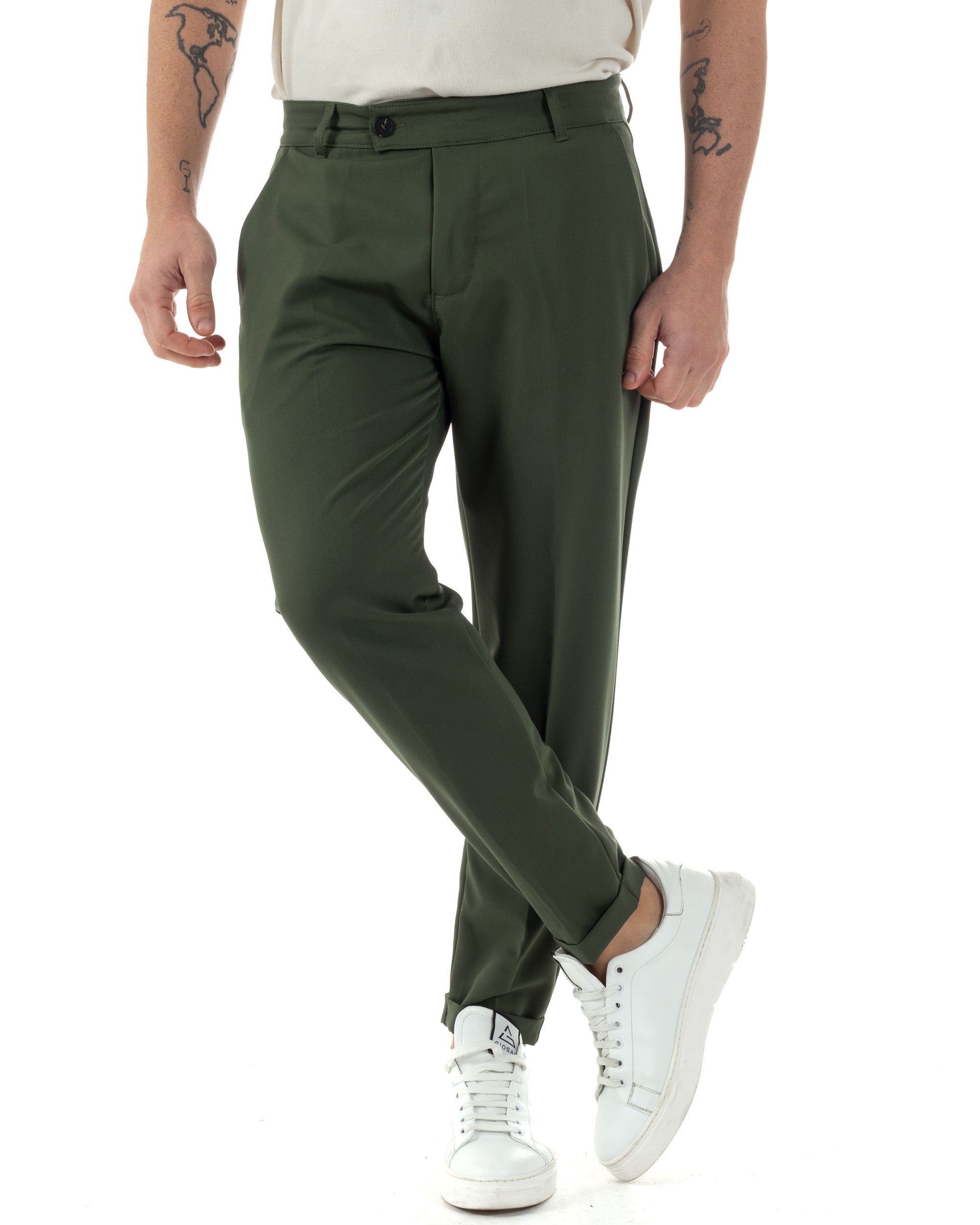 Pantaloni Uomo Viscosa Tasca America Classico Abbottonatura Allungata Casual Verde GIOSAL-P6253A