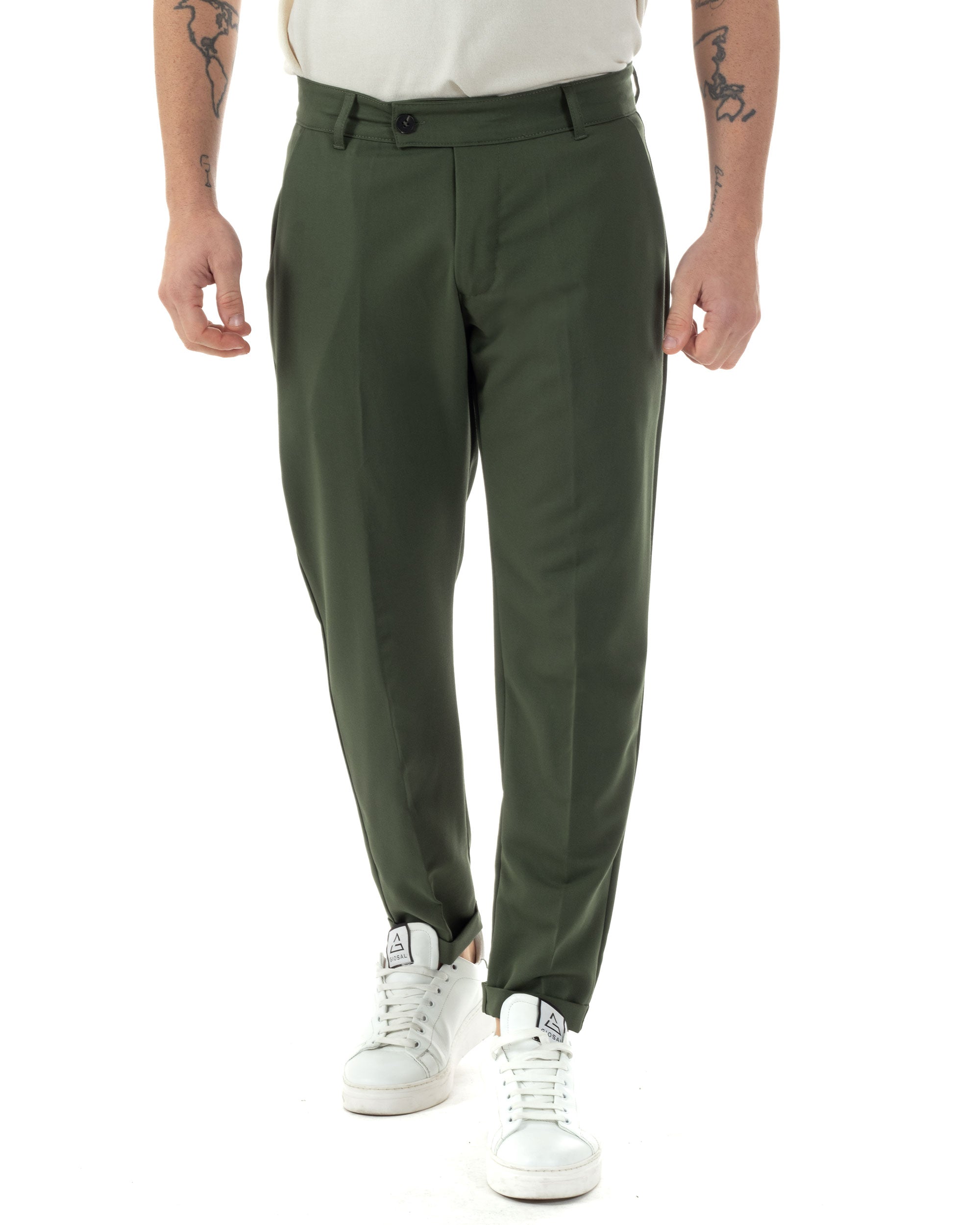 Pantaloni Uomo Viscosa Tasca America Classico Abbottonatura Allungata Casual Verde GIOSAL-P6253A