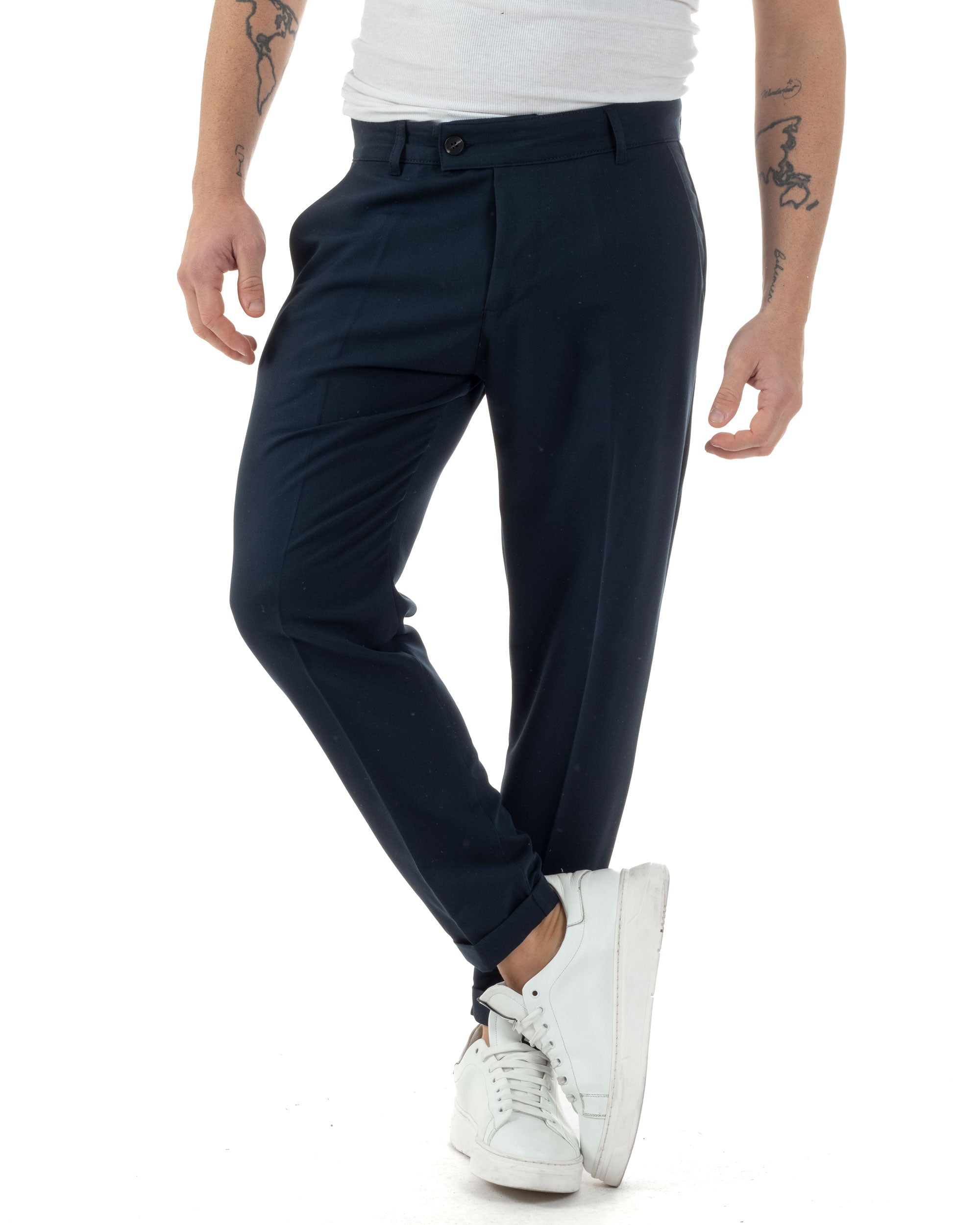 Pantaloni Uomo Viscosa Tasca America Classico Abbottonatura Allungata Casual Blu GIOSAL-P6255A