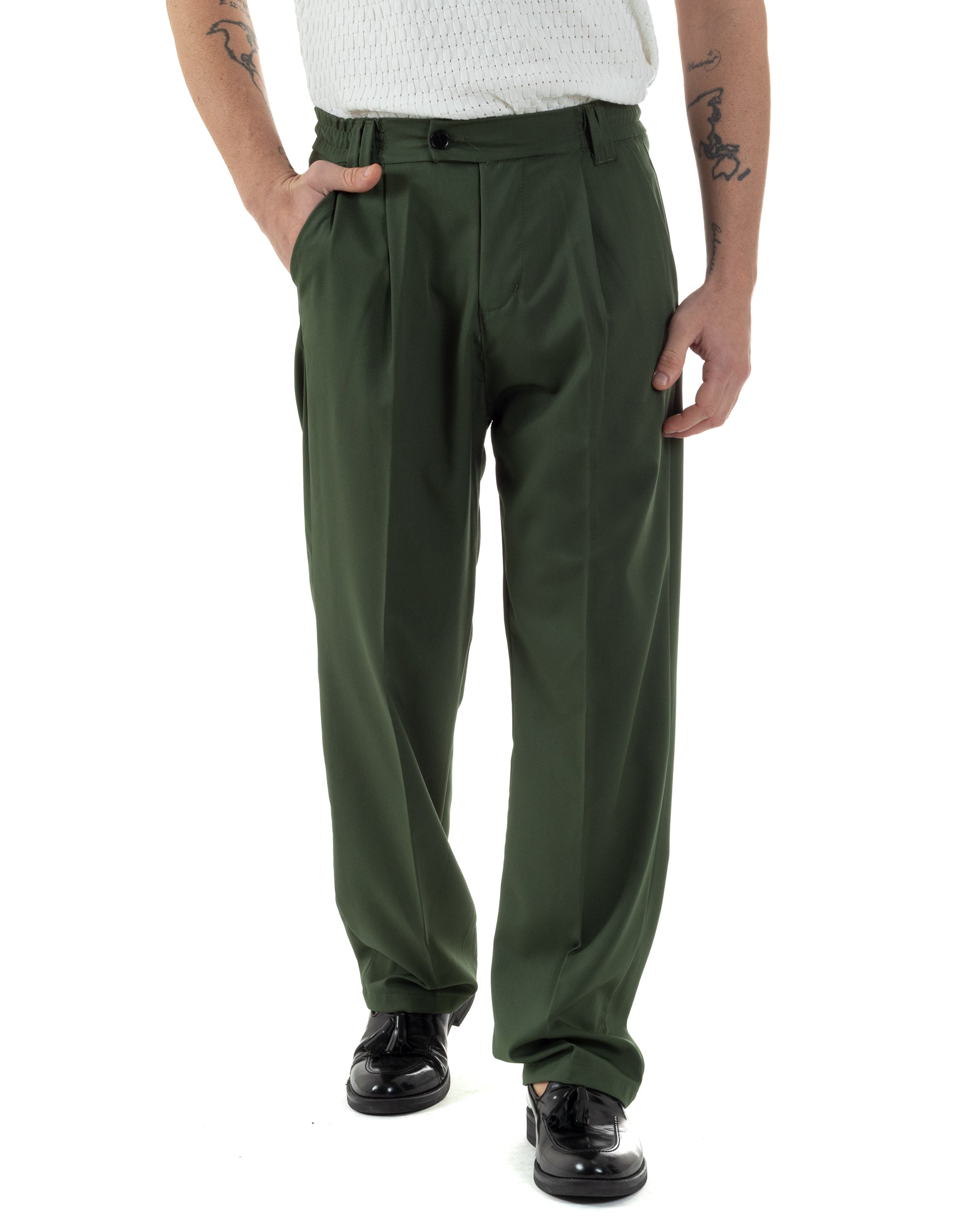 Pantaloni uomo viscosa baggy fondo ampio elastico sul retro abbottonatura allungata verde GIOSAL-P6256A
