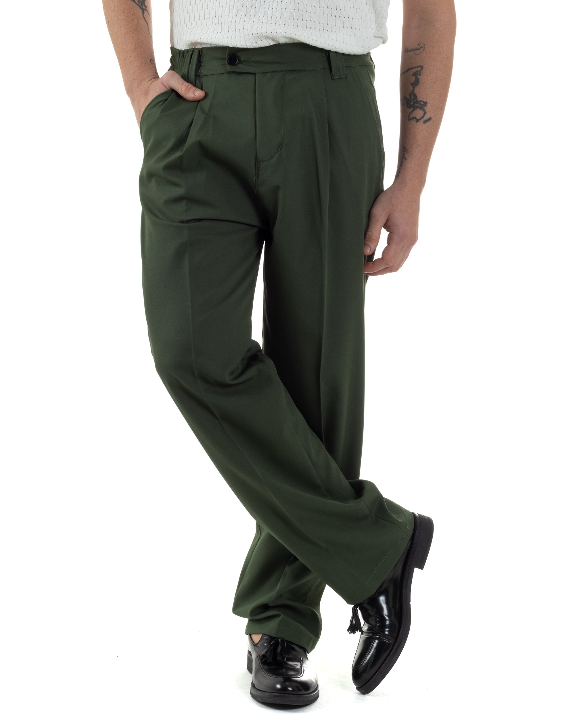 Pantaloni uomo viscosa baggy fondo ampio elastico sul retro abbottonatura allungata verde GIOSAL-P6256A